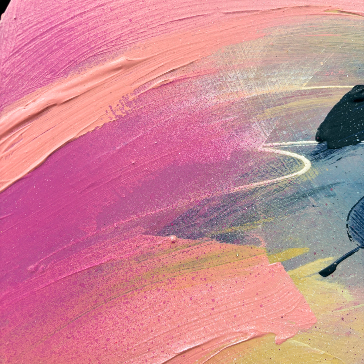 Looking For You“ by Kate Mayer: Acrylic on plywood, pink/peach brushstrokes, glossy dark accent, metal float frame.