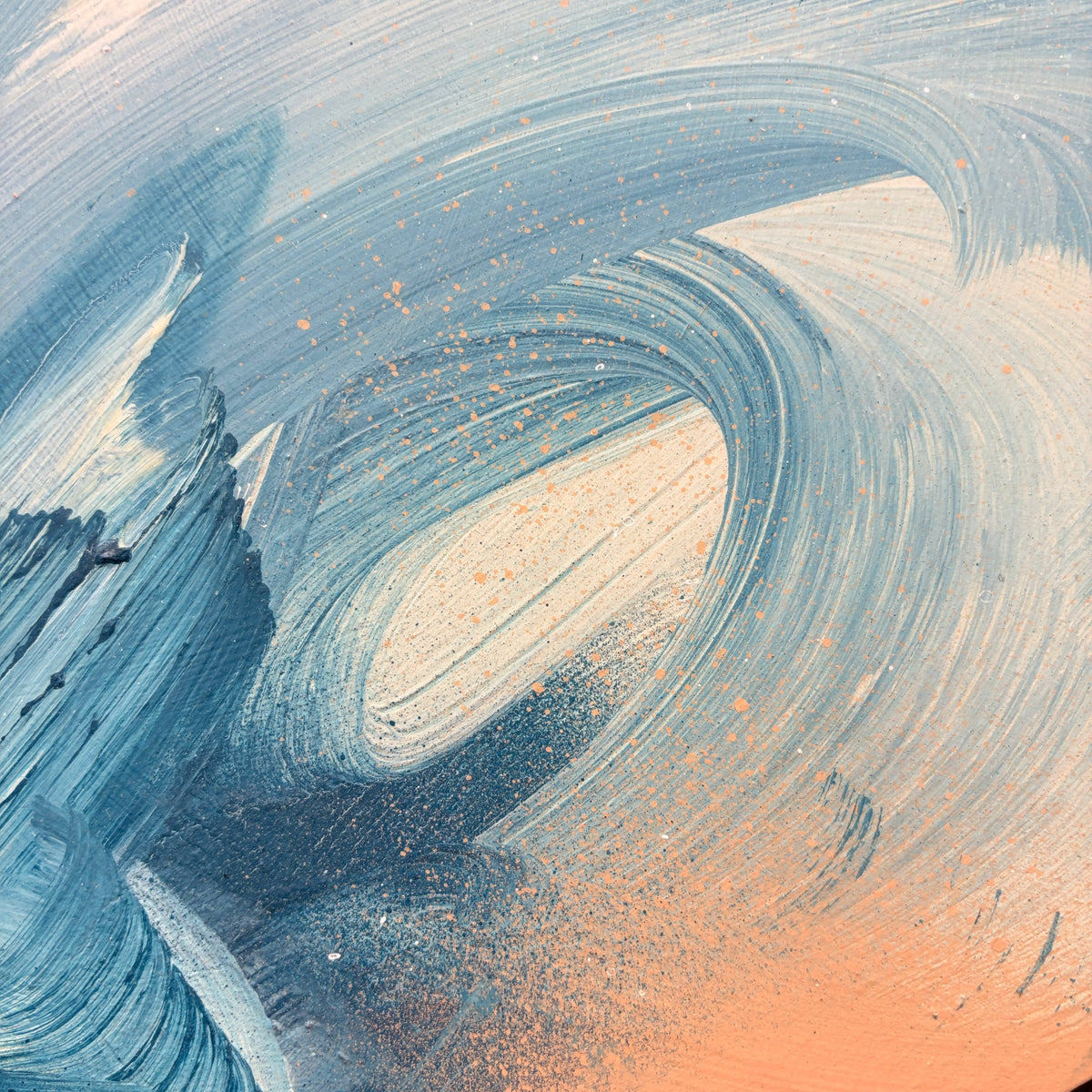 The Best Is Yet To Come“ by Kate Mayer: acrylic on plywood, vivid blue & peach strokes express dynamic motion.