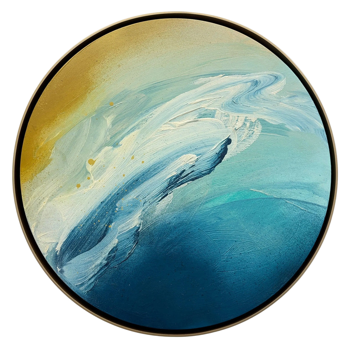 As“ by Kate Mayer: Round acrylic on plywood with blue, teal & gold swirls; handmade metal frame included.
