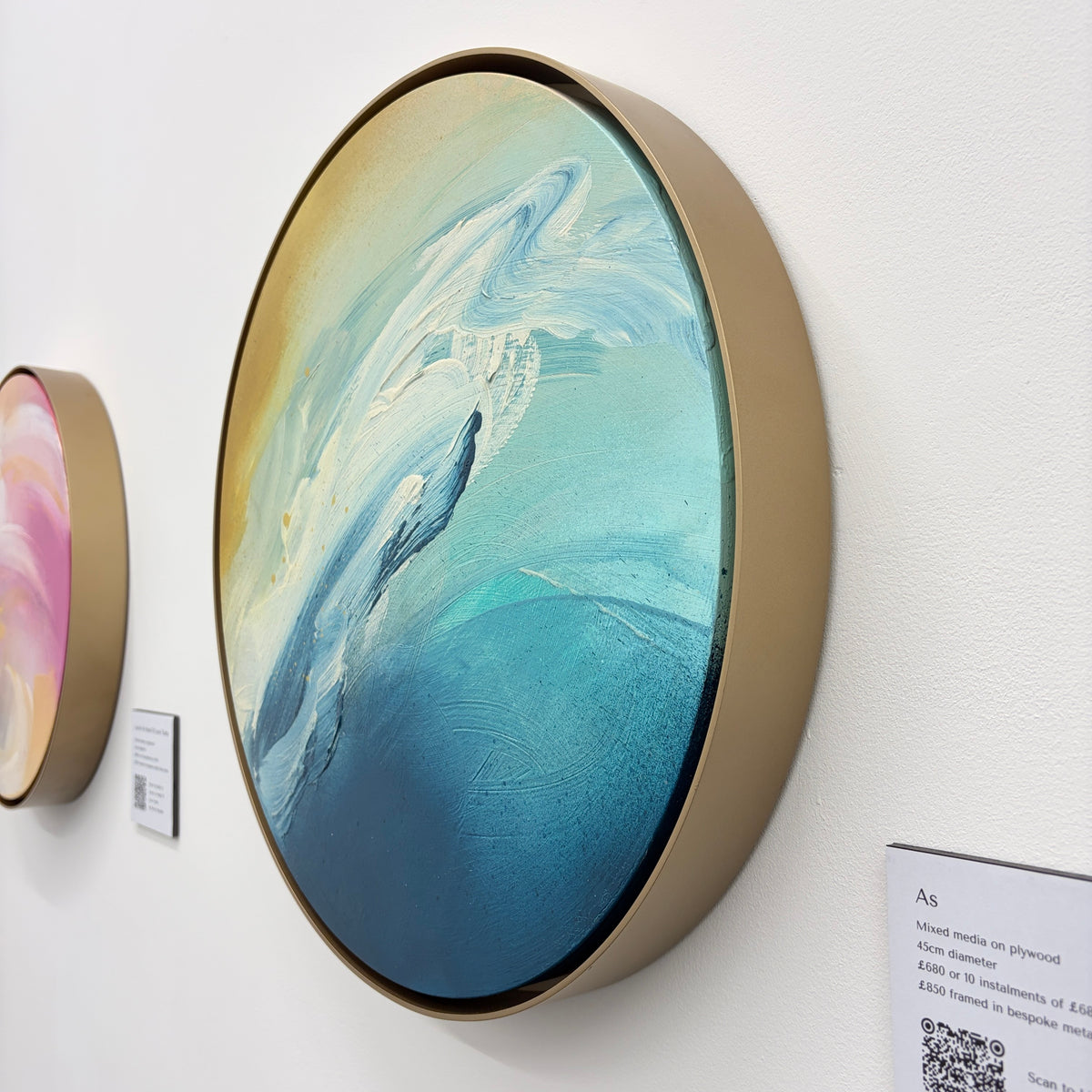 ‘As’ by Kate Mayer: circular abstract painting, blue/cream swirls, acrylic on plywood in handmade metal frame.