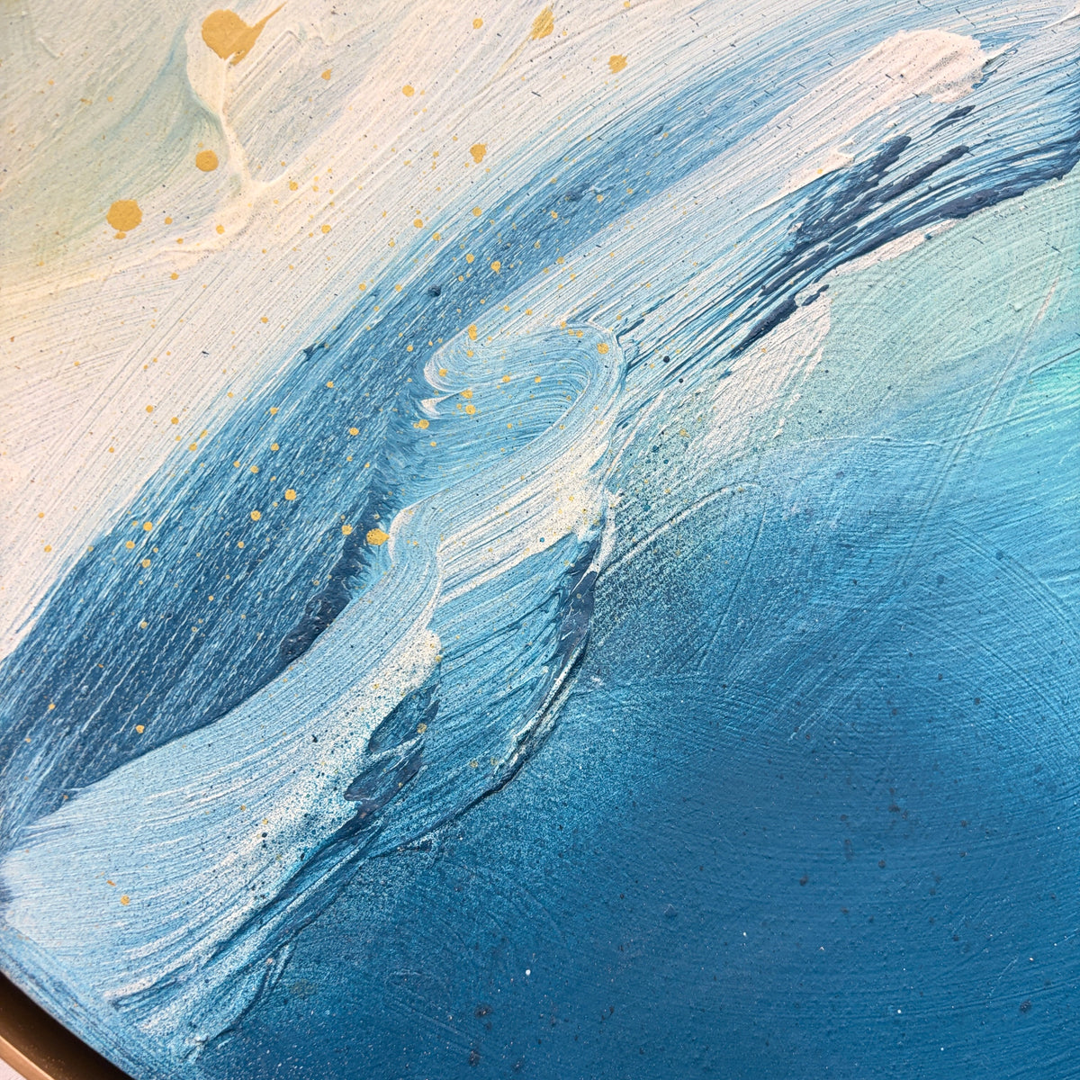 As“ by Kate Mayer: abstract blue, white, and yellow wave acrylic on plywood in handmade metal frame.