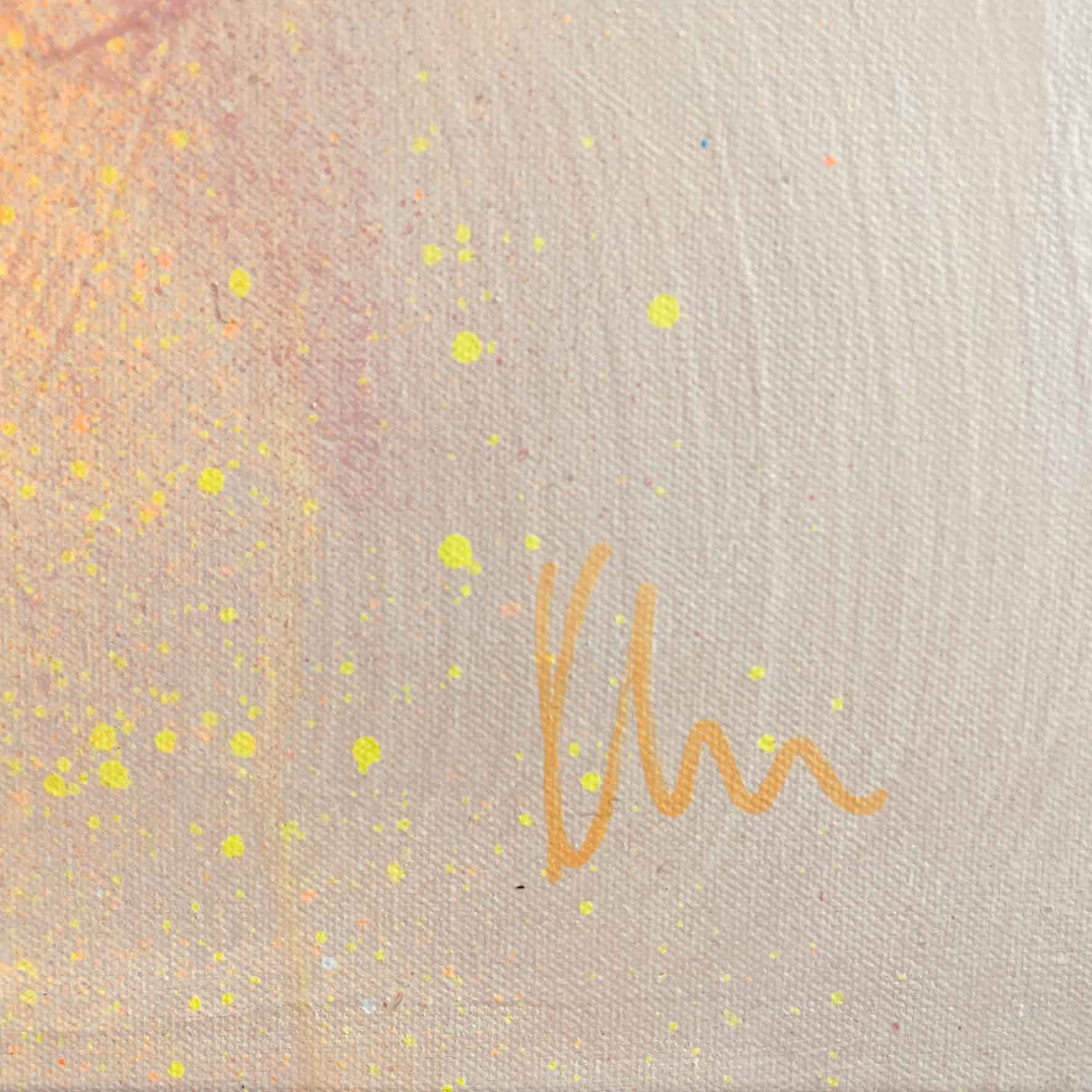 That Moment On Black Sand Beach - Original Painting" by Kate Mayer features an abstract design with a light texture and vibrant splashes of yellow and orange, crafted using acrylic and spray paint. A faint signature in the lower right corner confirms its authenticity as an original piece.