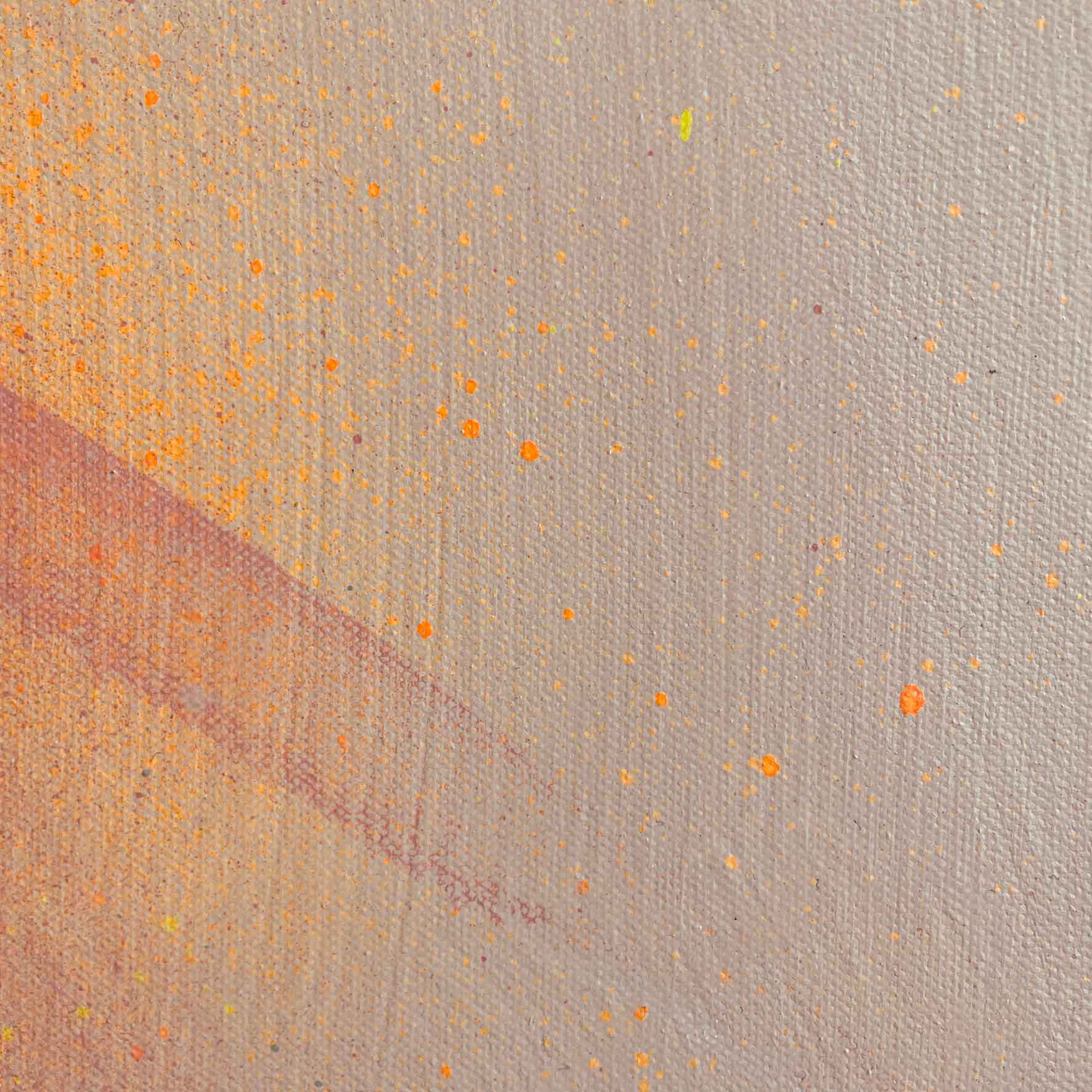 That Moment On Black Sand Beach - Original Painting by Kate Mayer features an abstract design with specks of orange and subtle purple strokes on a textured beige background. It's skillfully crafted with acrylic and spray paint for a unique finish.