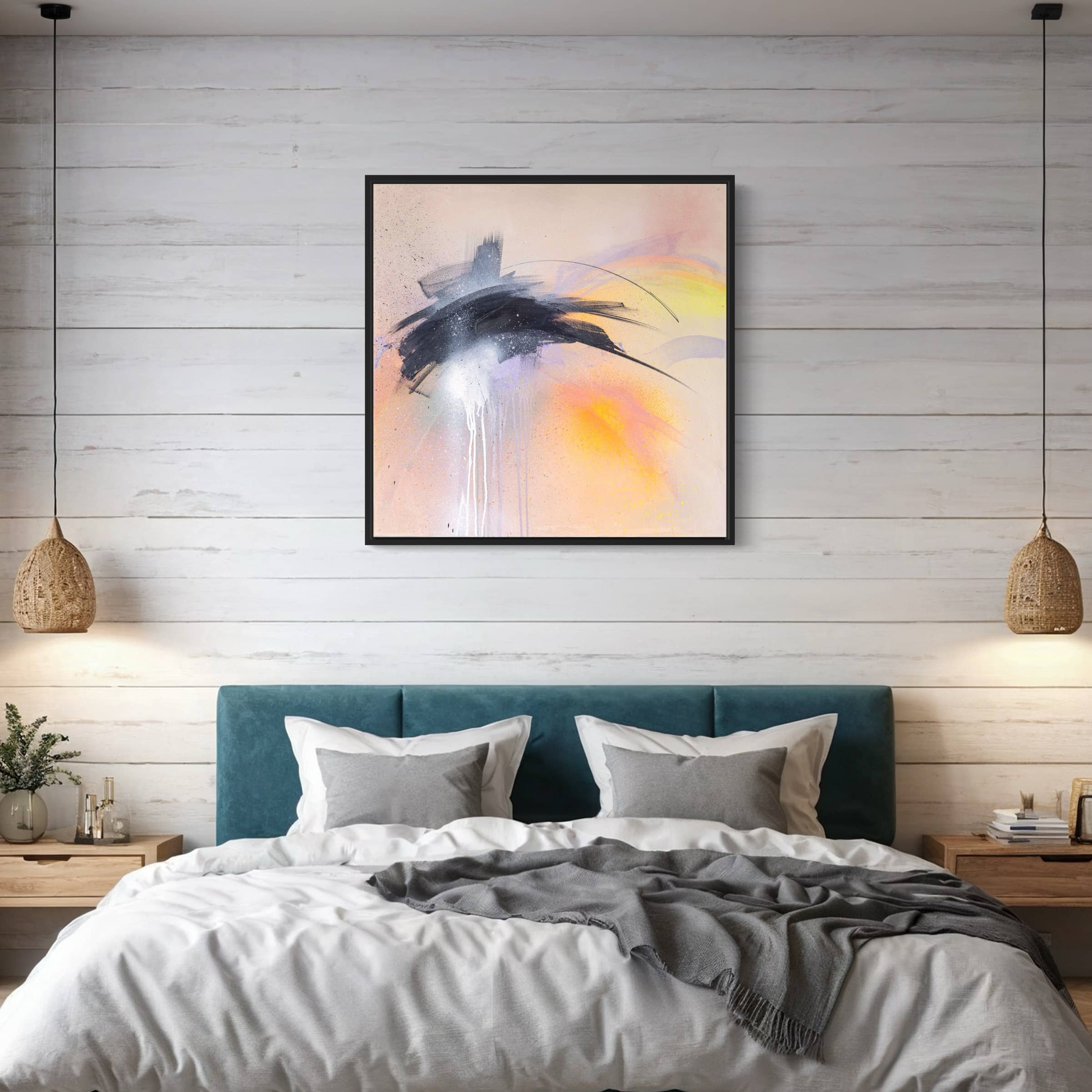 Minimalist bedroom with a teal bed, white pillows, gray blanket, wooden side tables, and original abstract wall art on white paneled walls. The painting, *That Moment On Black Sand Beach,* by Kate Mayer is done using acrylic and spray paint and comes with a certificate of authentication.