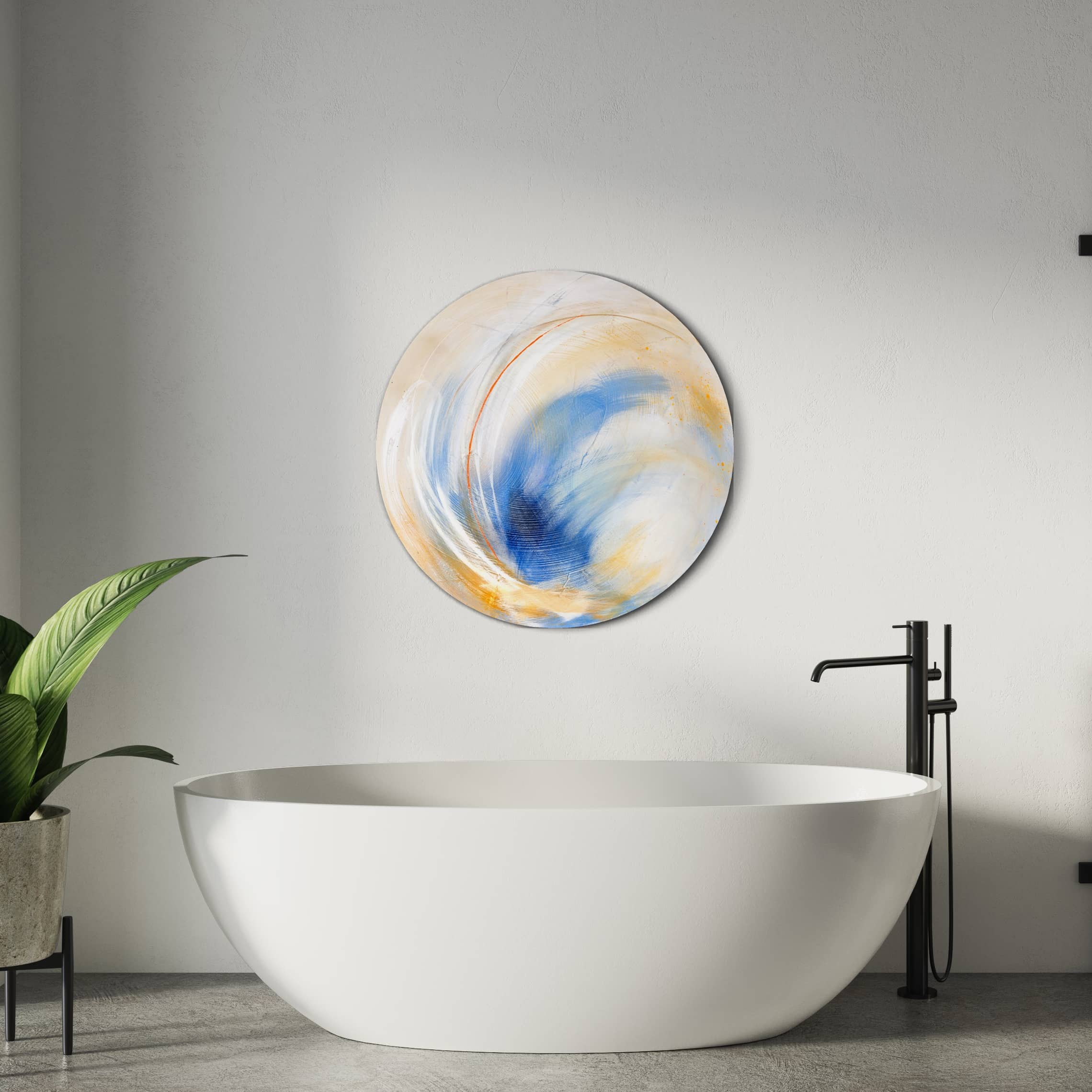 A modern bathroom featuring a white tub, black faucet, and the "Go Your Own Way" original painting by Kate Mayer as abstract circular wall art. The space is completed with a potted plant that complements the room's contemporary vibe.