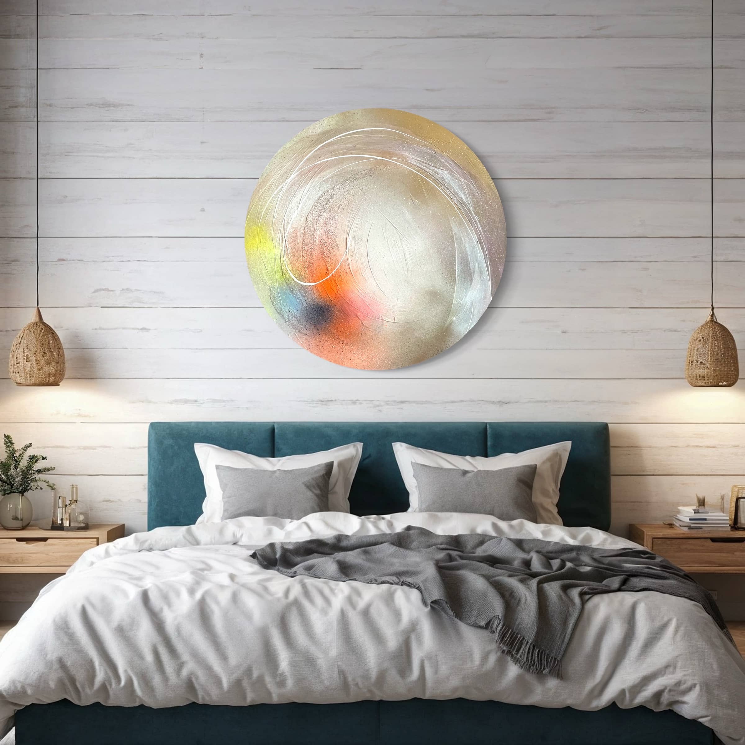 A bedroom featuring a teal bed, white and gray bedding, The Time Is Now - Original Painting by Kate Mayer above the bed, hanging wicker lamps, and wooden side tables.