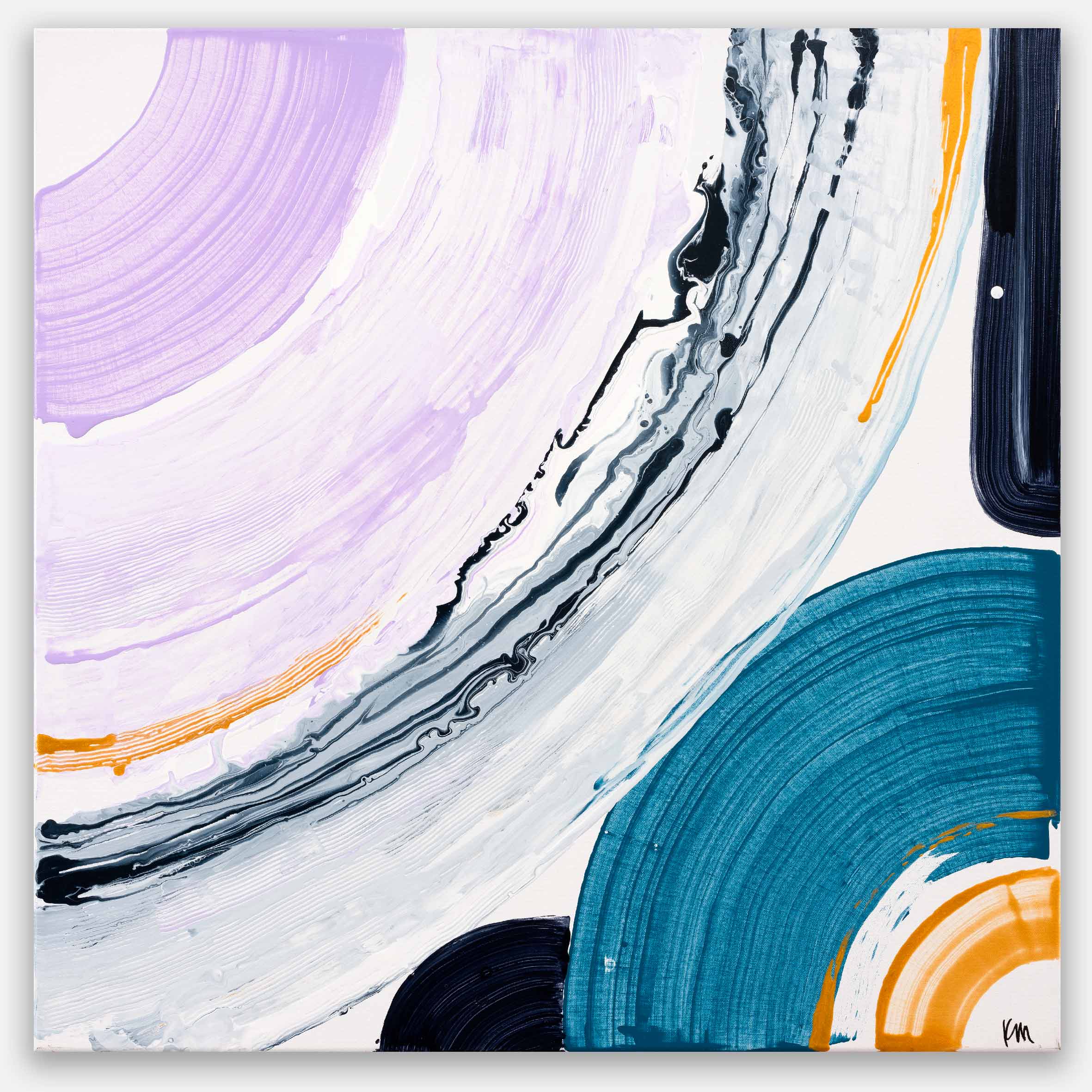 Me & You - Original Painting by Kate Mayer features abstract swirling brushstrokes in shades of purple, teal, black, and orange on a white background, crafted with acrylic on canvas.