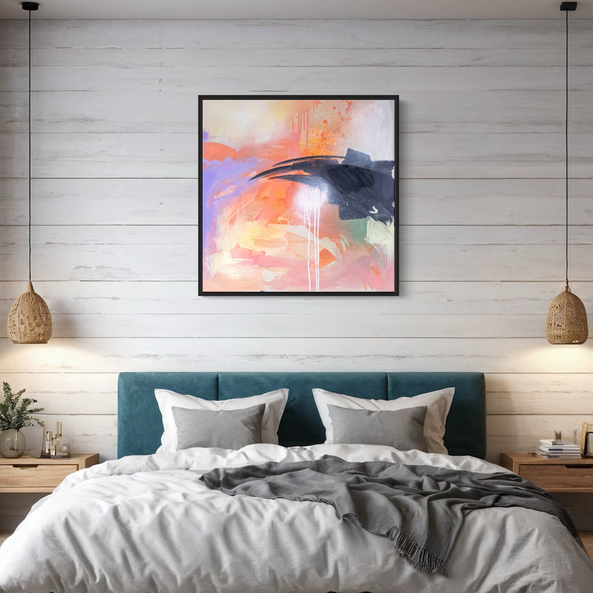 A modern bedroom showcases a teal bed, pendant lights, and Beneath The Surface by Kate Mayer. This stunning original acrylic on canvas painting adds depth with its warm colors on the wall.