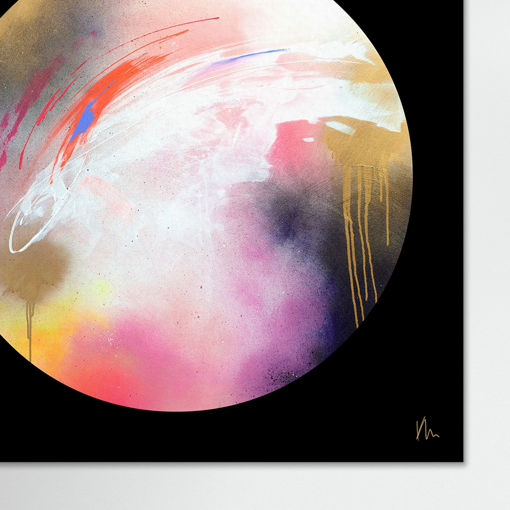 Introducing "The Dream Starts Here" by Kate Mayer – an abstract painting that features vibrant streaks of pink, red, orange, and gold on a predominantly white and black circular background. This stunning piece brings dynamic color contrasts into your living space, making it a perfect statement art for any room. Enhance your decor with this eye-catching artwork that beautifully combines modern design with bold colors for a truly captivating effect.