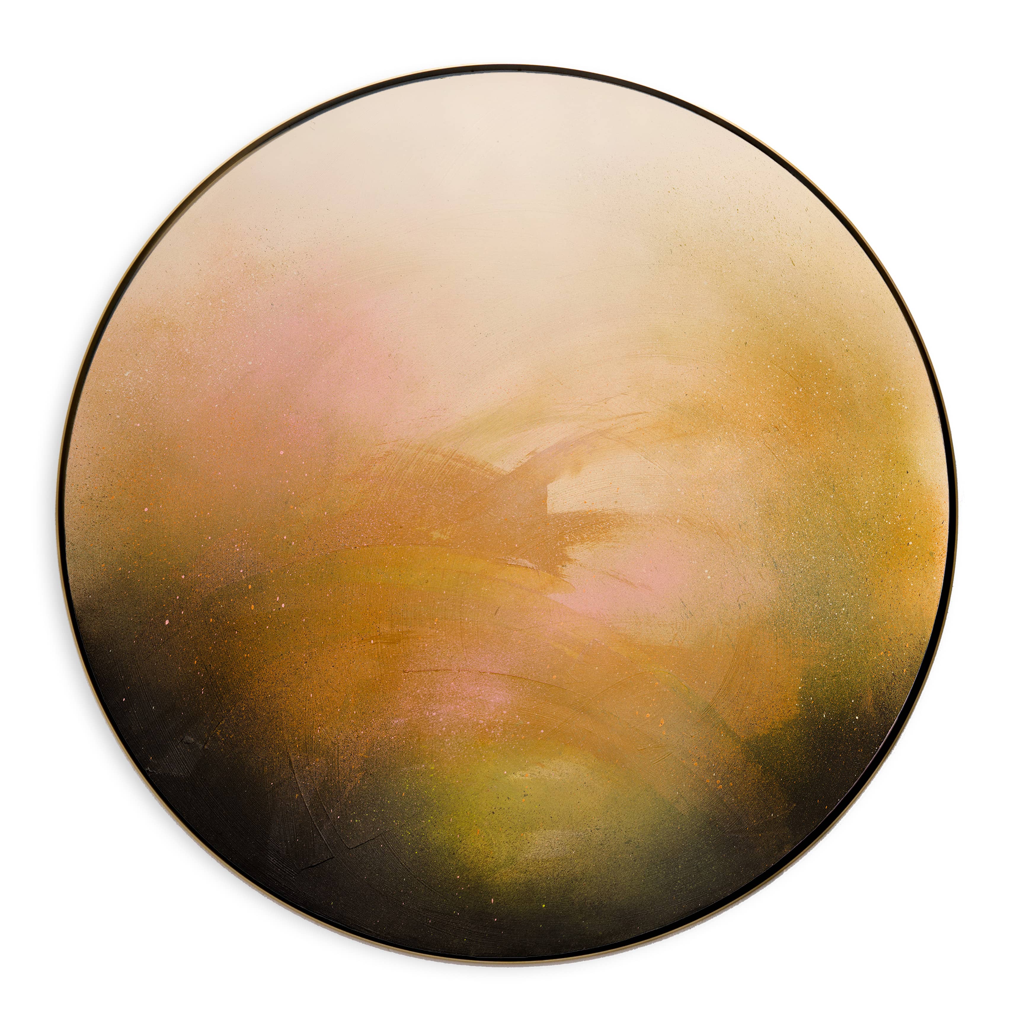 Only Now I See The Light by Kate Mayer is a round abstract painting with swirling golds, pinks, and browns.