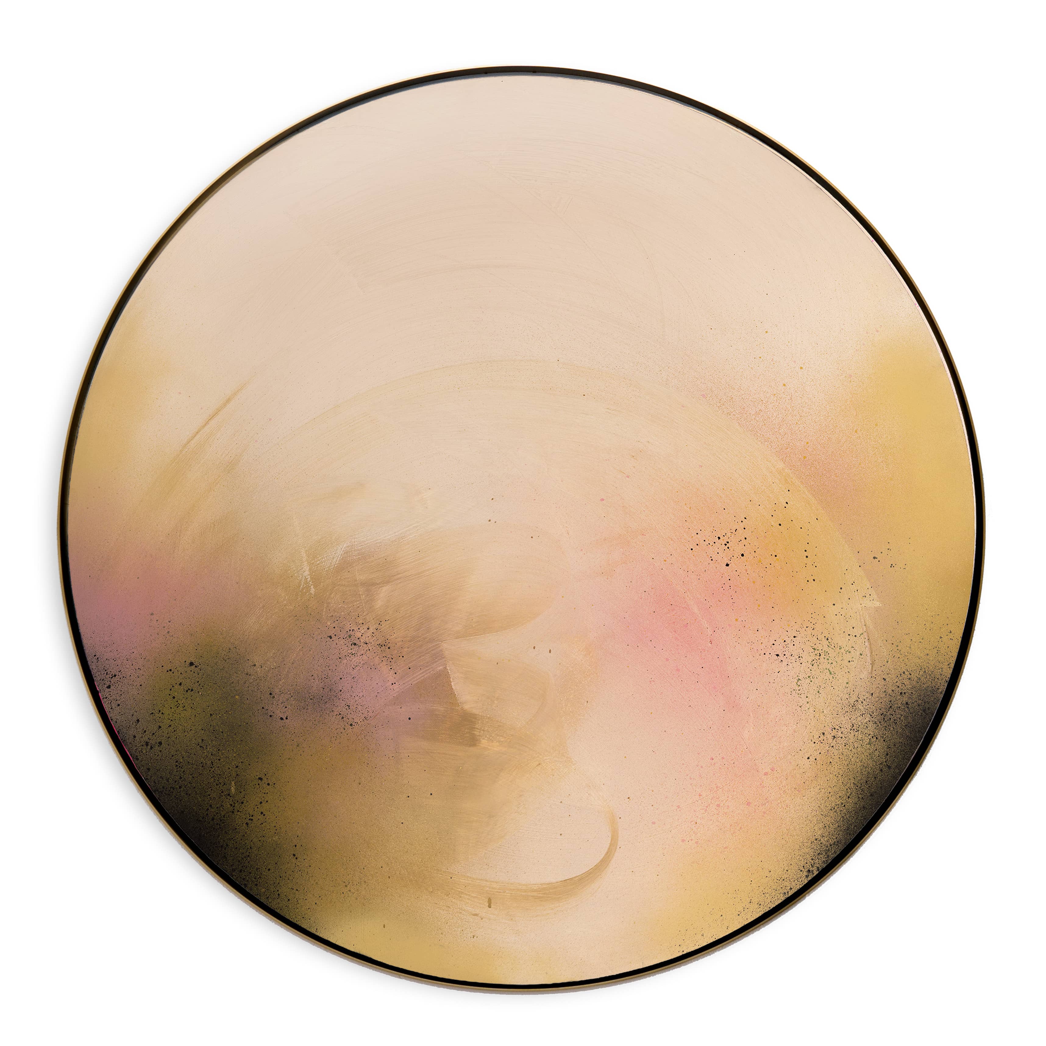 You Made The Moon Our Mirrorball" by Kate Mayer: round plywood art with beige, pink, yellow tones, and black speckles.