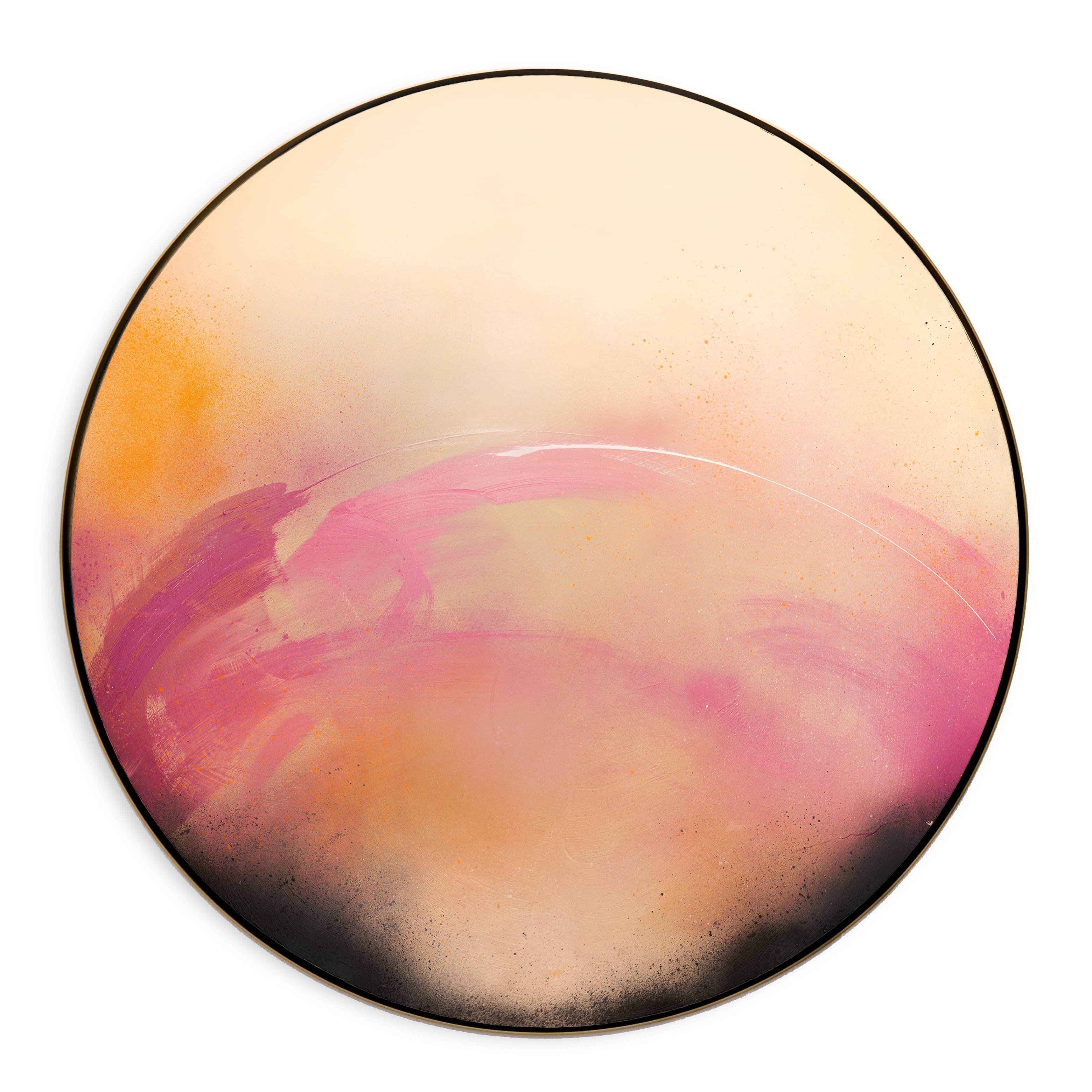I Wait With Good Intentions" by Kate Mayer: a round abstract painting with pink, orange, and black on plywood.