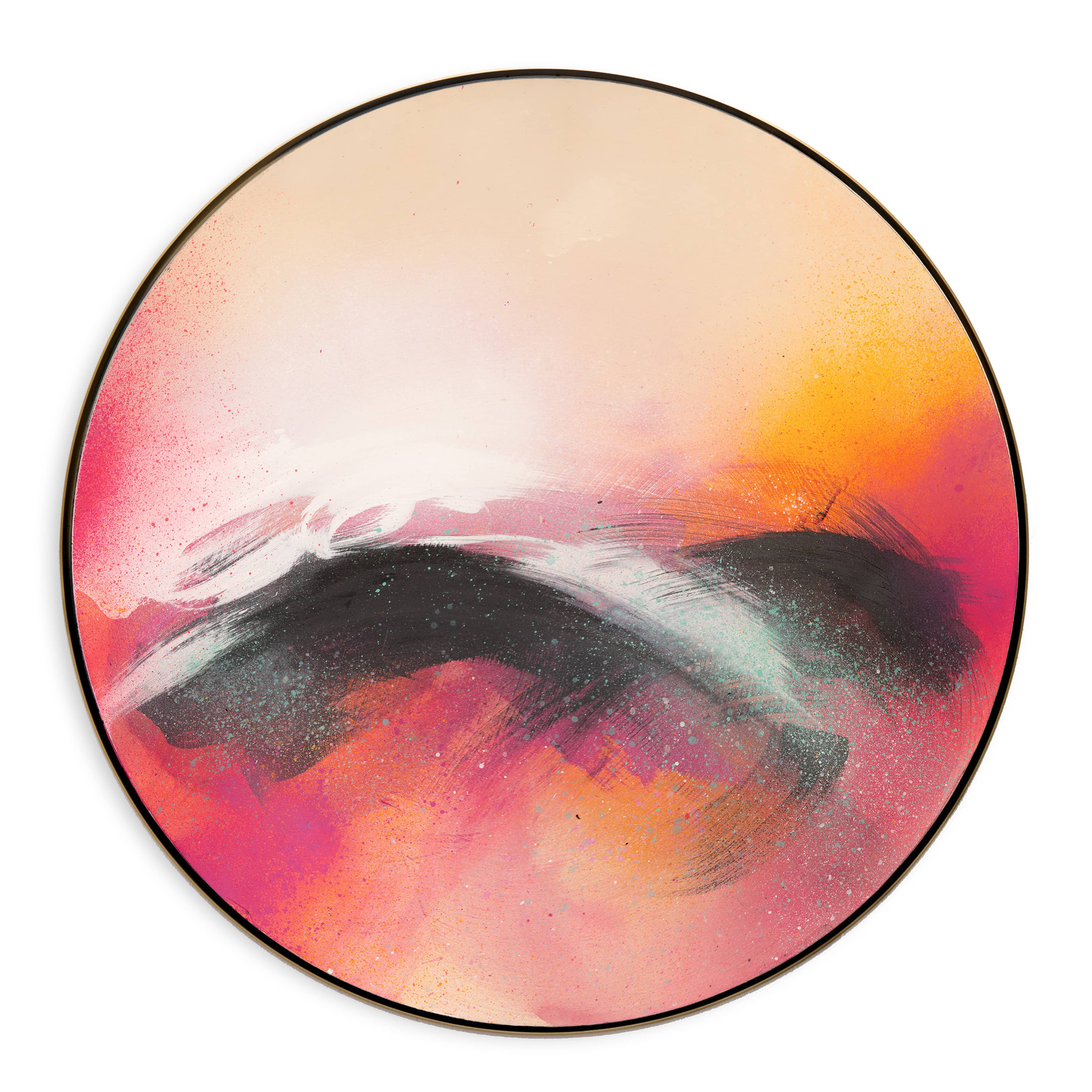 Optimistic" by Kate Mayer: a round abstract painting in vibrant pink, orange, black & white with handmade metal float frame.