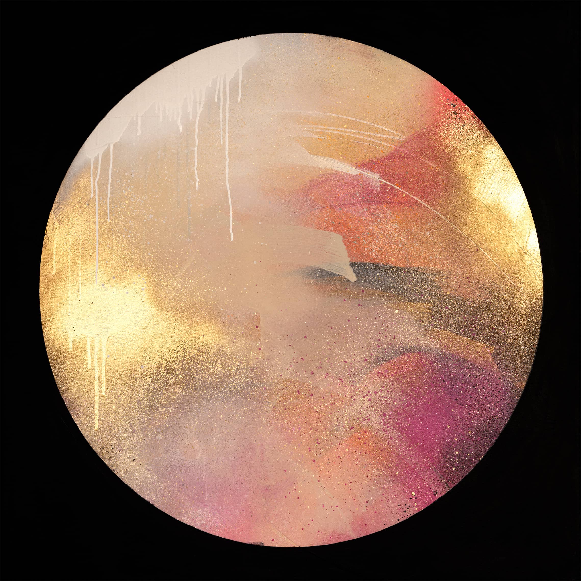Where Love Lives by Kate Mayer: A circular acrylic painting with gold, pink, and cream swirls over black canvas.