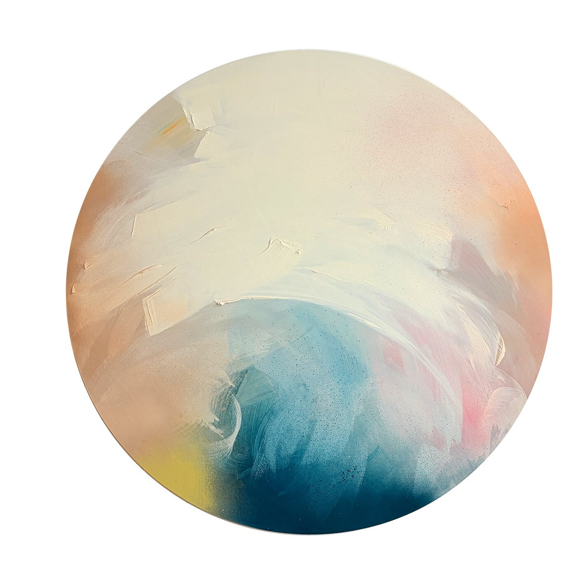 Total Praise“ by Kate Mayer: a circular acrylic abstract with soft pastel swirls of cream, blue, pink, peach & yellow.