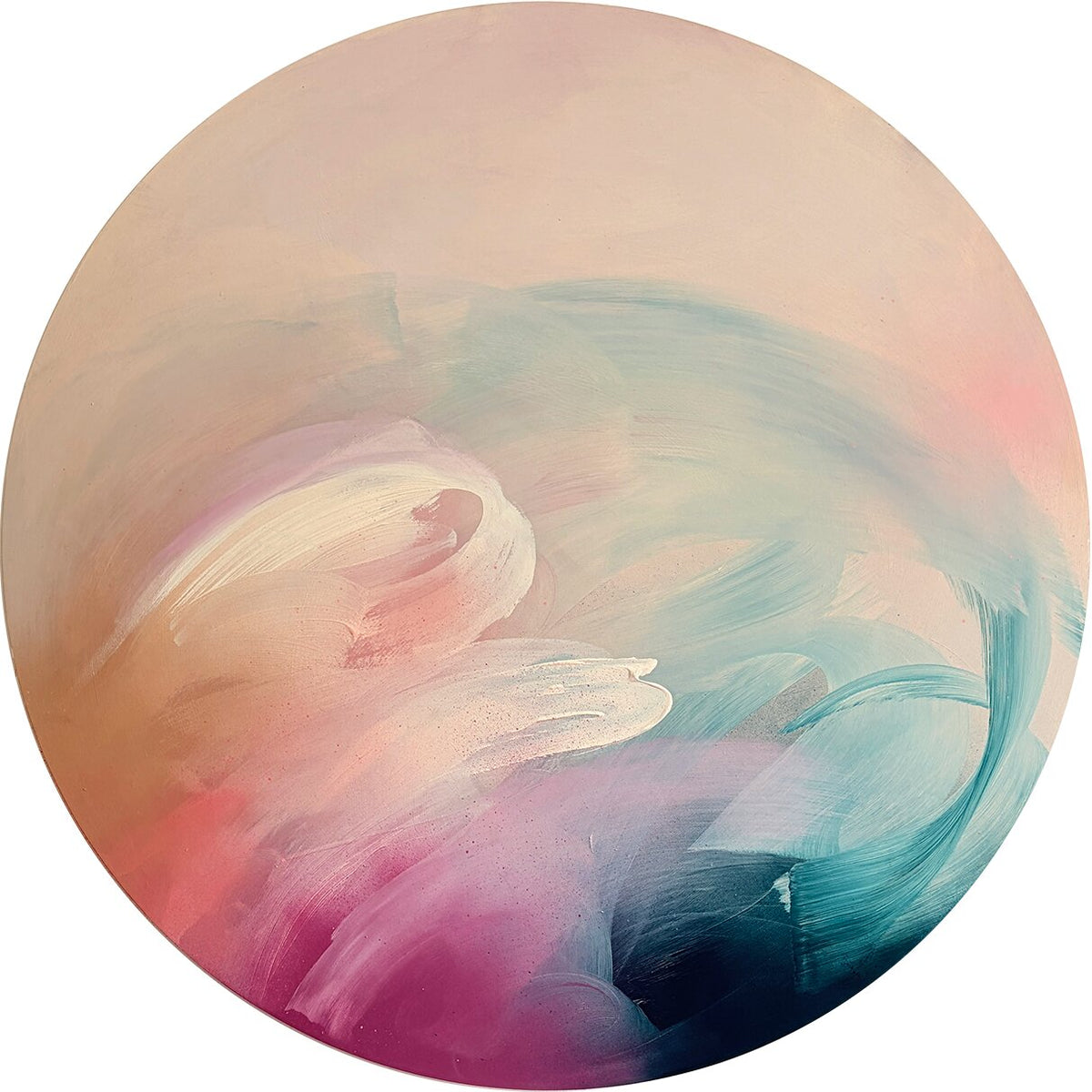 For Every Mountain by Kate Mayer: Acrylic on plywood with pastel swirls, framed in a handmade metal float frame.