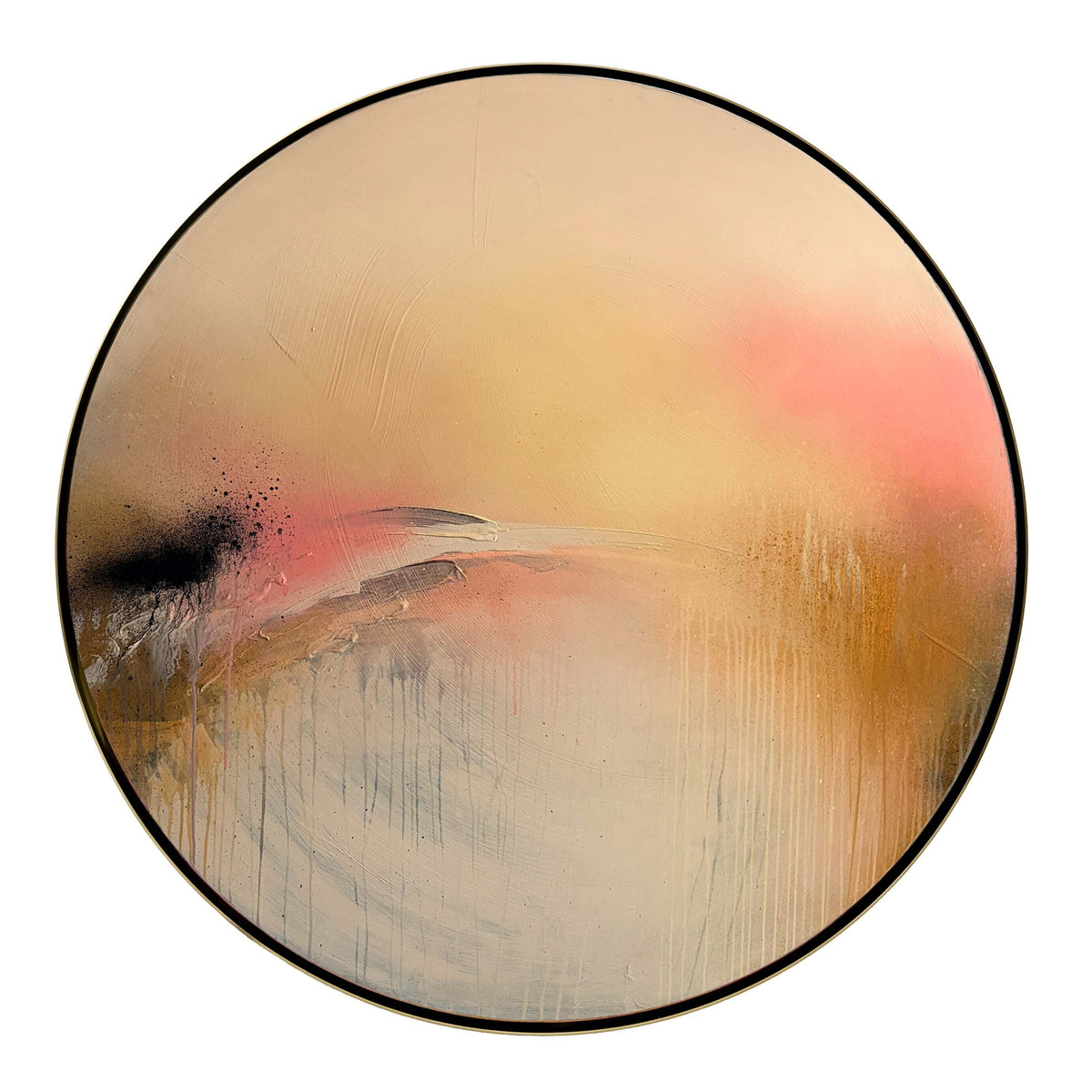 Shadows“ by Kate Mayer: Dreamy round abstract acrylic on plywood, soft hues, optional bespoke metal frame.