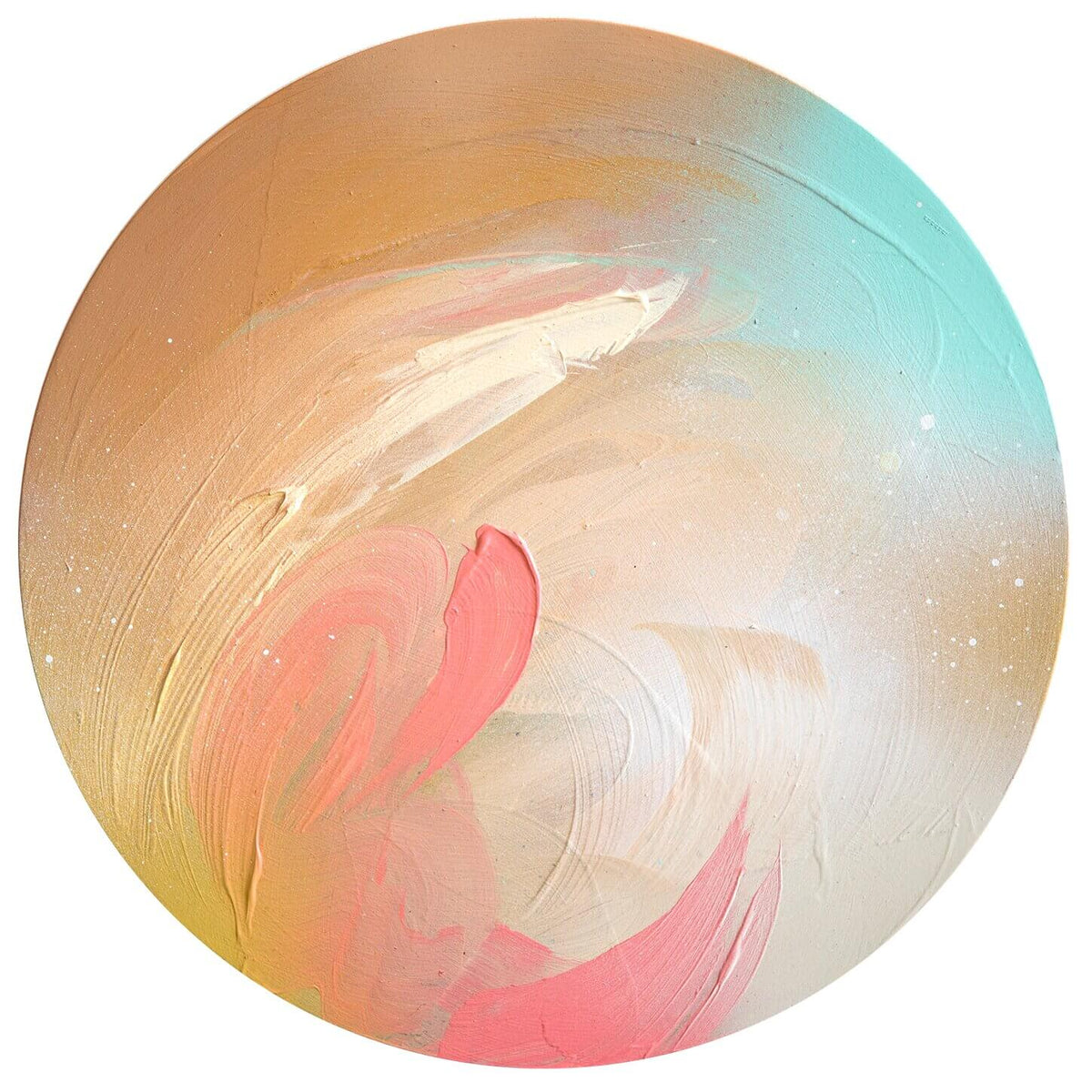 Kate Mayer’s “Hold On Change Is Coming”—a circular acrylic painting in soft peach, pink, cream, and aqua swirls.
