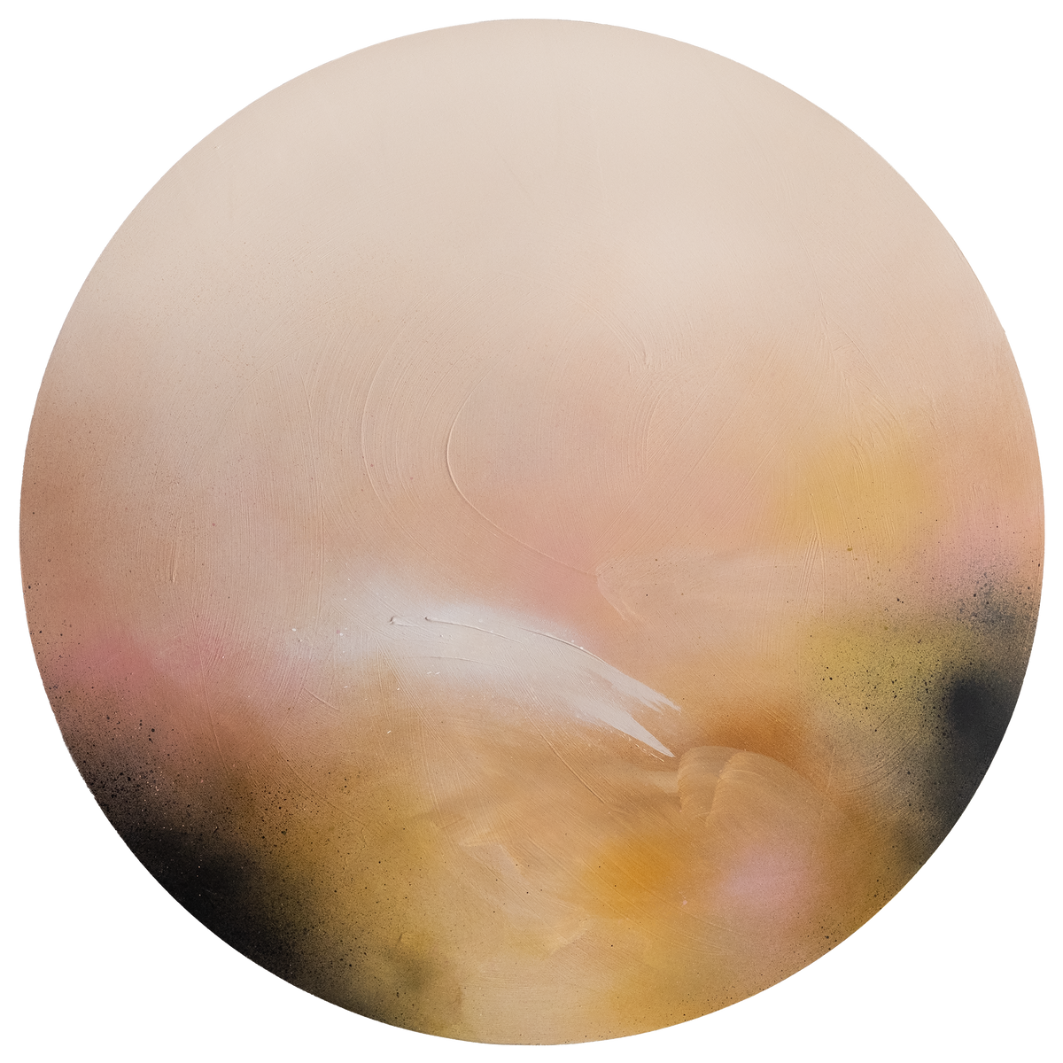 Friend“ by Kate Mayer: a circular acrylic on plywood abstract with soft beige, pink, brown & black gradients.