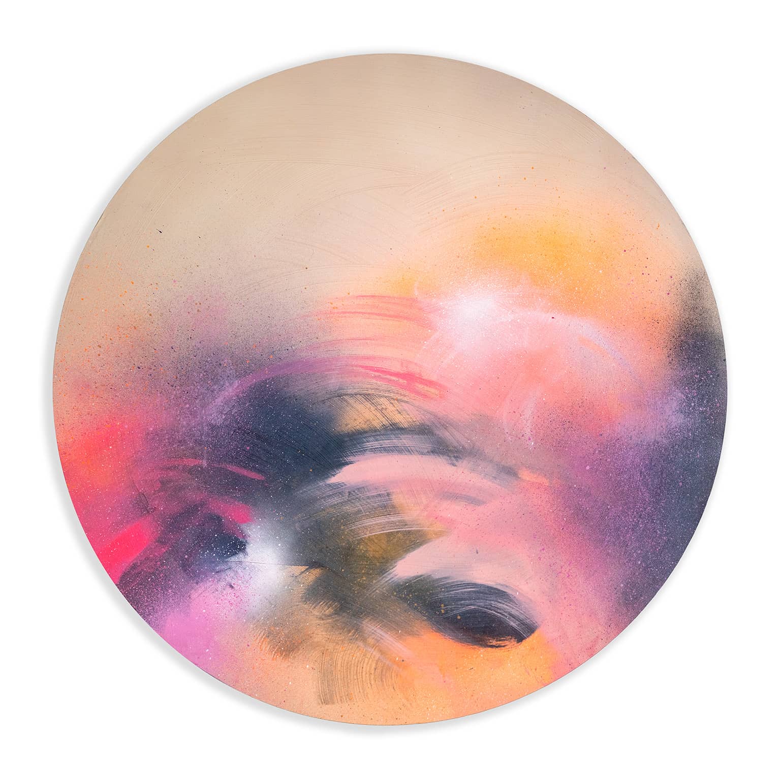 A Star is Born" by Kate Mayer, circular, pastel swirls of pink, purple, orange & yellow in acrylic and spray paint.