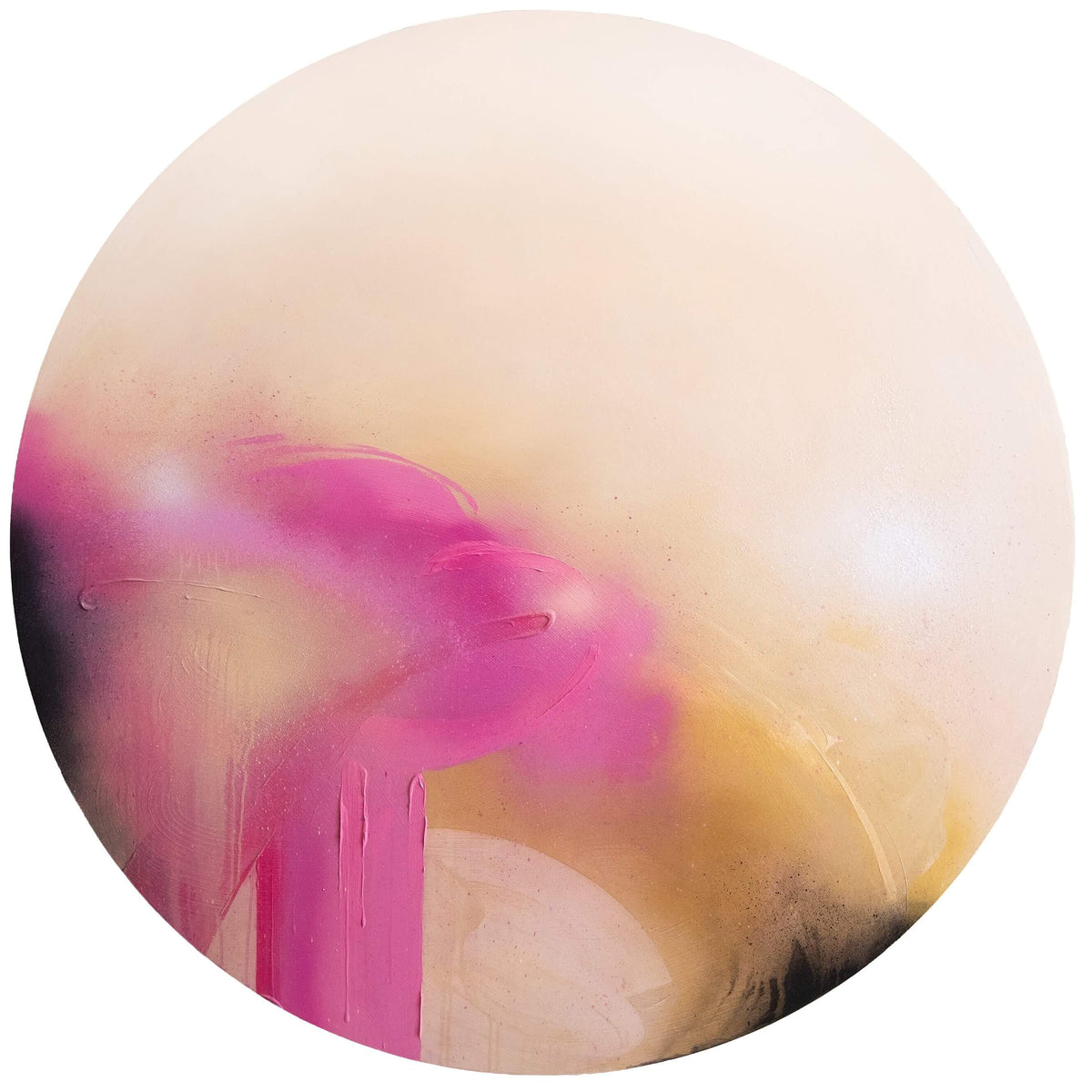 Afterglow“ by Kate Mayer: a circular abstract with pink, beige, yellow & black swirls in acrylic on plywood.