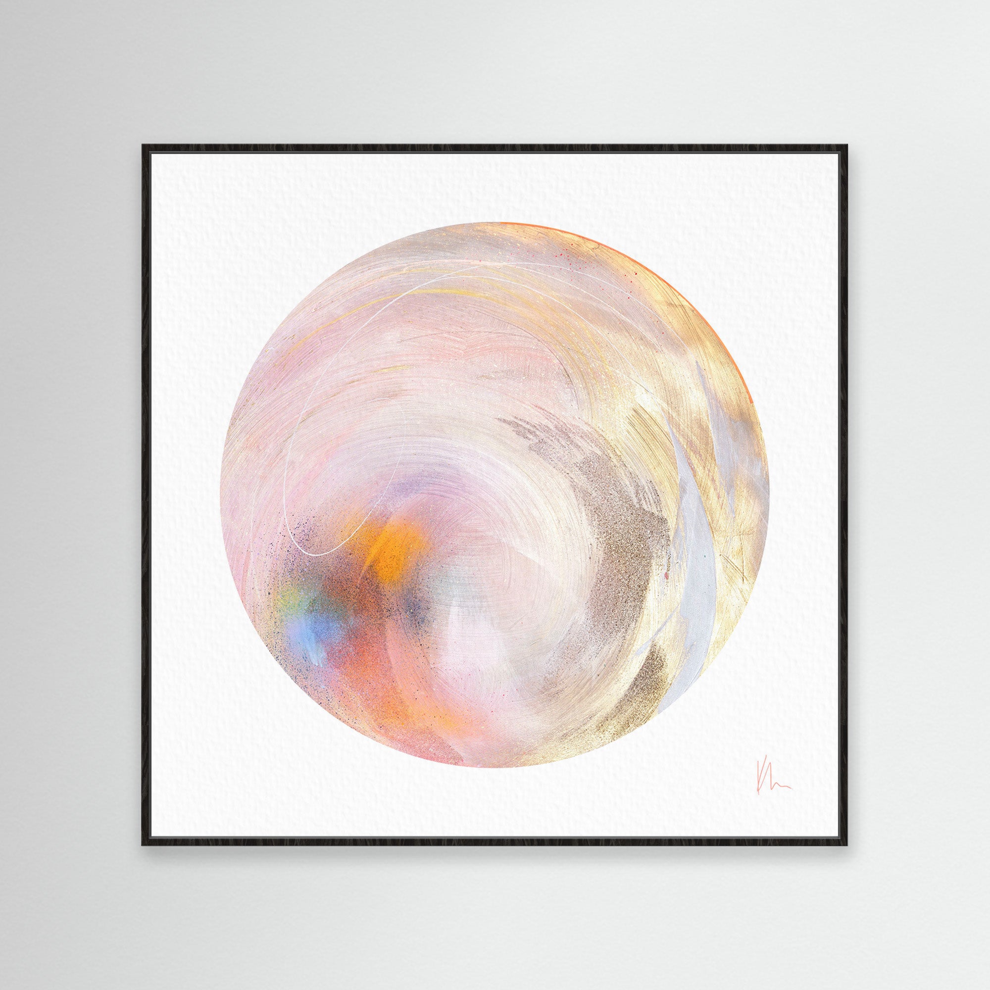 The "Believe In Me" artwork by Kate Mayer features abstract art with swirling pastel colors and a touch of metallic gold spray paint in a circular pattern on a white background, all elegantly framed in black.