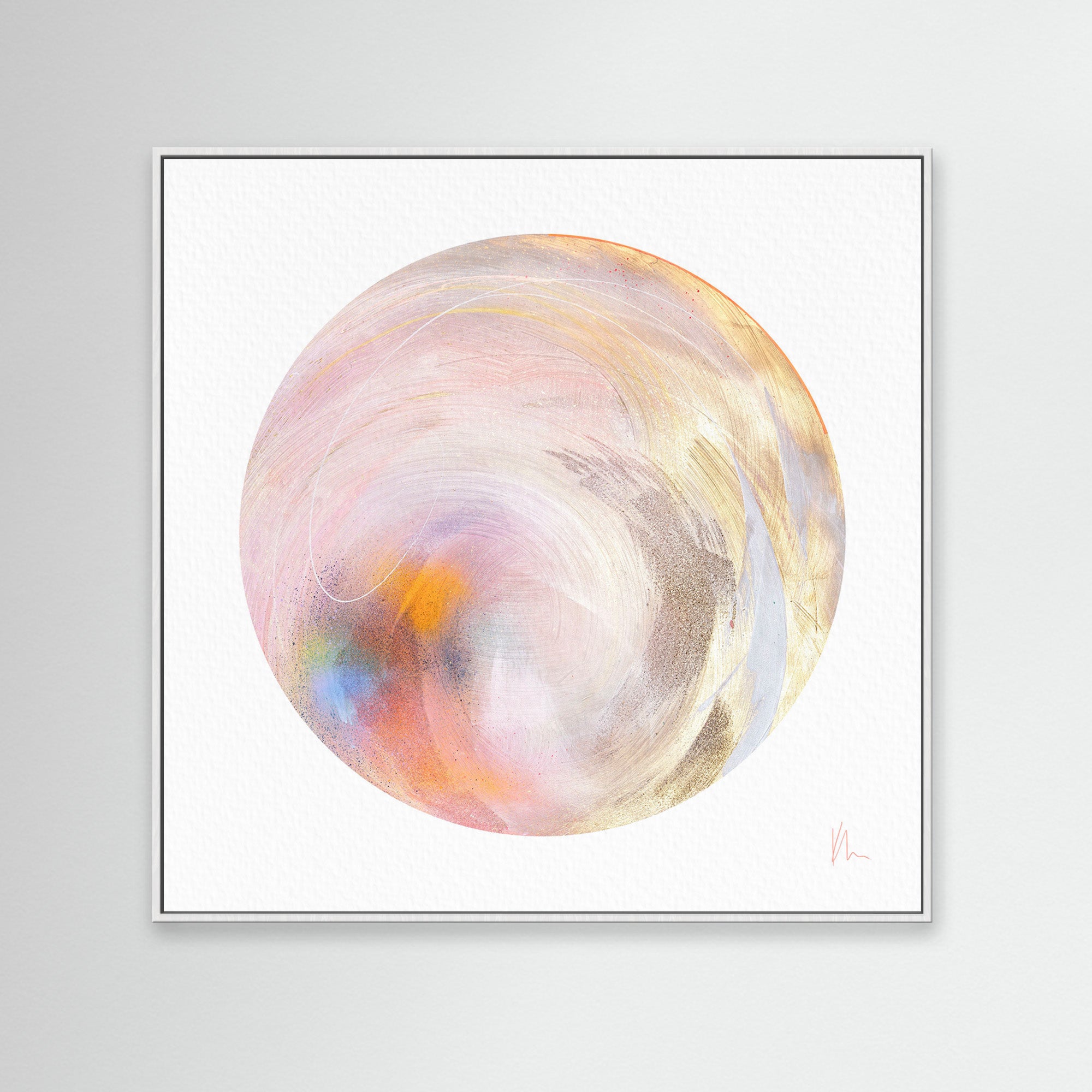 Artwork titled "Believe In Me" by Kate Mayer, featuring abstract circular designs with swirling pastel colors and accents of metallic gold spray paint on a white background.