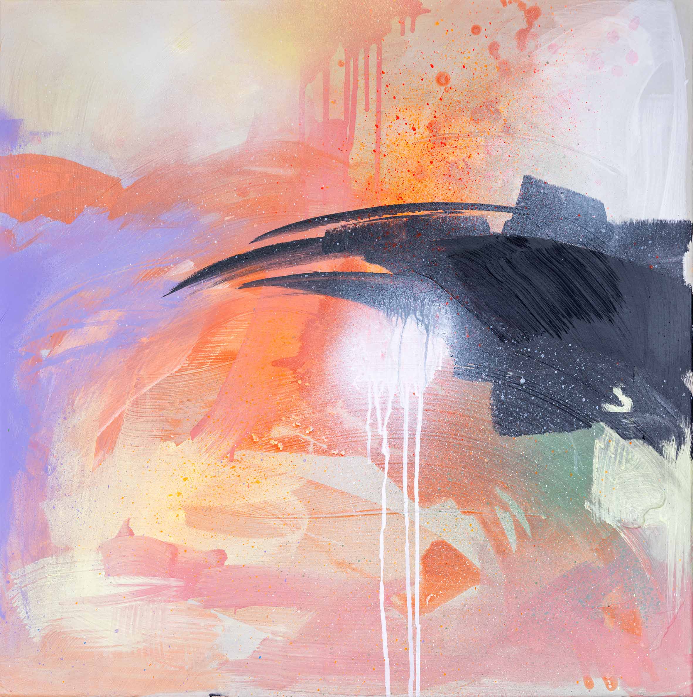 Beneath The Surface" by Kate Mayer is an original painting characterized by striking black strokes that resemble bird wings, elegantly displayed against a canvas backdrop of pink, orange, and lavender hues.