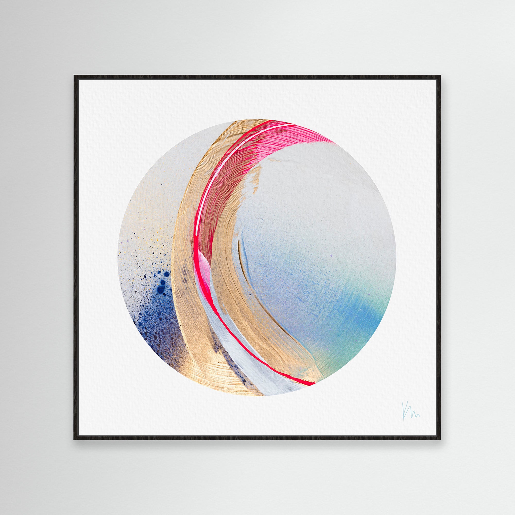 The "Be Radiant" original painting by Kate Mayer showcases an abstract, circular design with swirls of gold, pink, and blue on a light background. Framed in black, it exudes an inner radiance that captivates the eye and inspires tranquility.