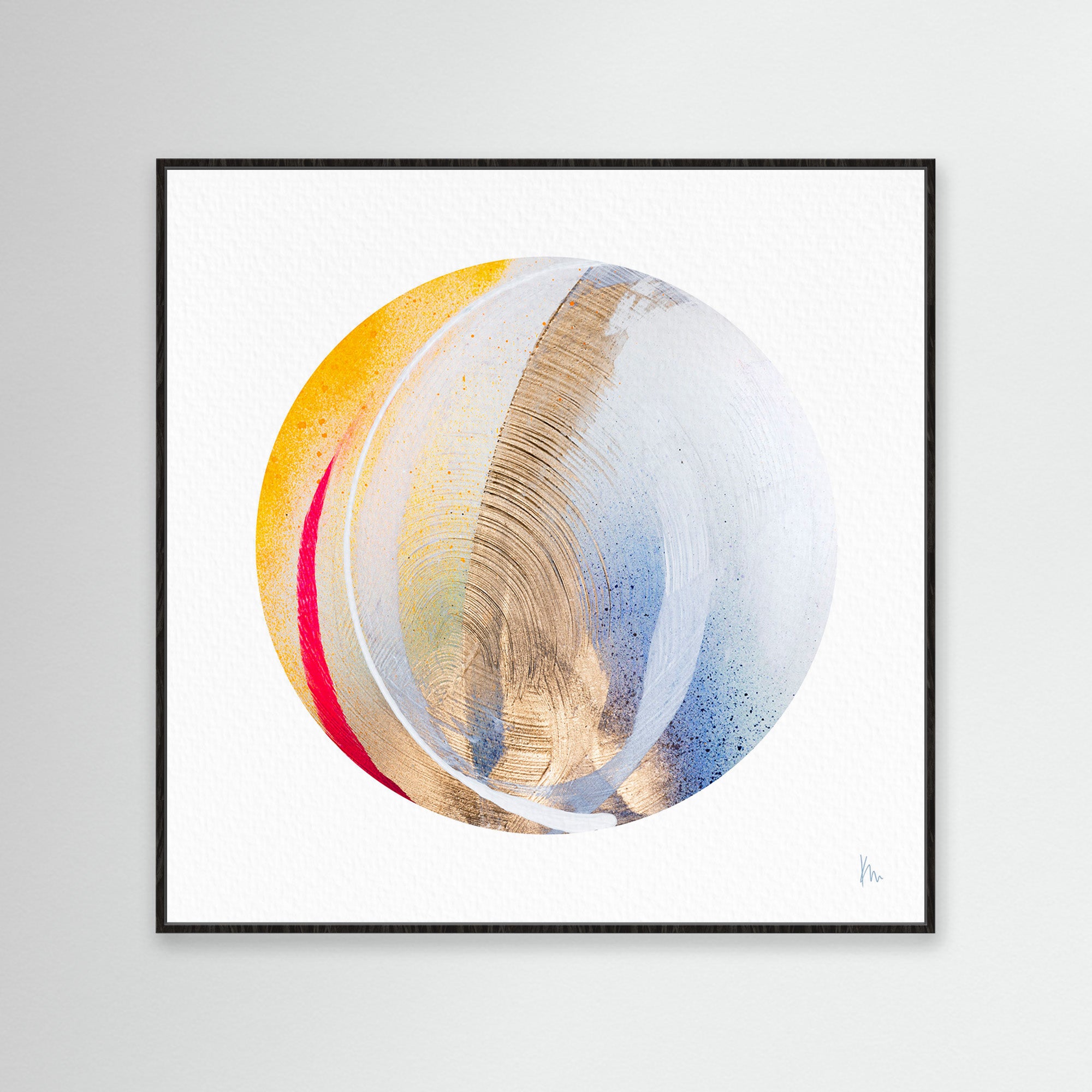 The "Be Sincere" by Kate Mayer features abstract art with a circular design of swirls in gold, blue, yellow, and red on a white background. Framed in black, it captures the genuine expression of creativity and depth.