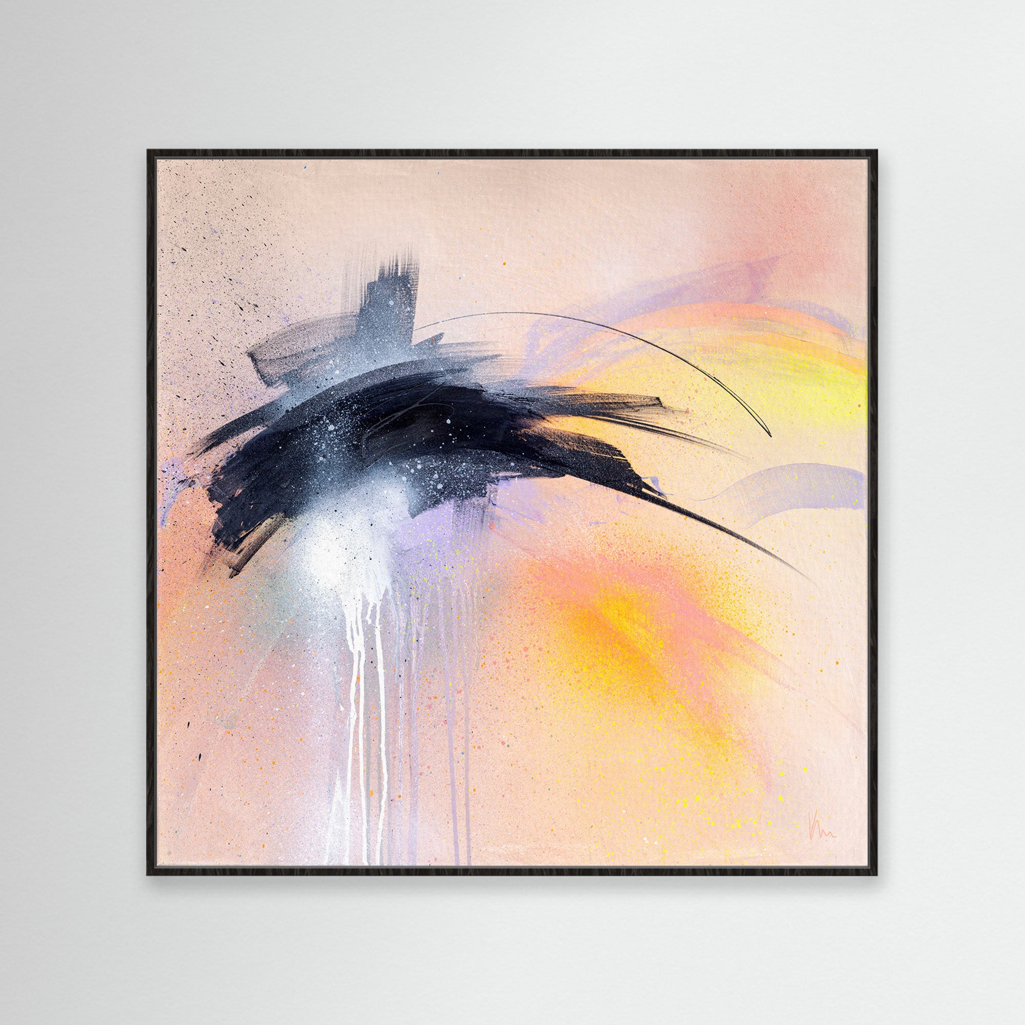 Abstract painting by Kate Mayer titled "Black Sand Beach" features black and white brush strokes with vibrant yellow and orange hues reminiscent of a sunset over Iceland, blending into a soft pink background to evoke its serene beauty.