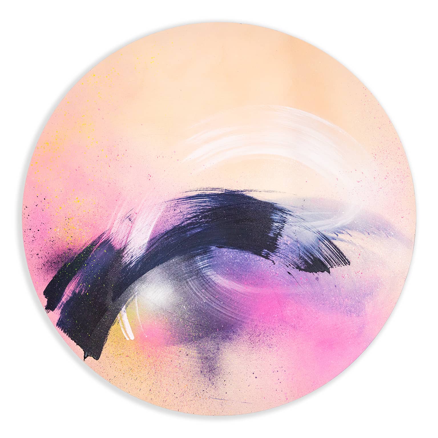 Breathe In The Air" by Kate Mayer: Circular abstract with black, purple, white, pink strokes on light beige in a metal frame.