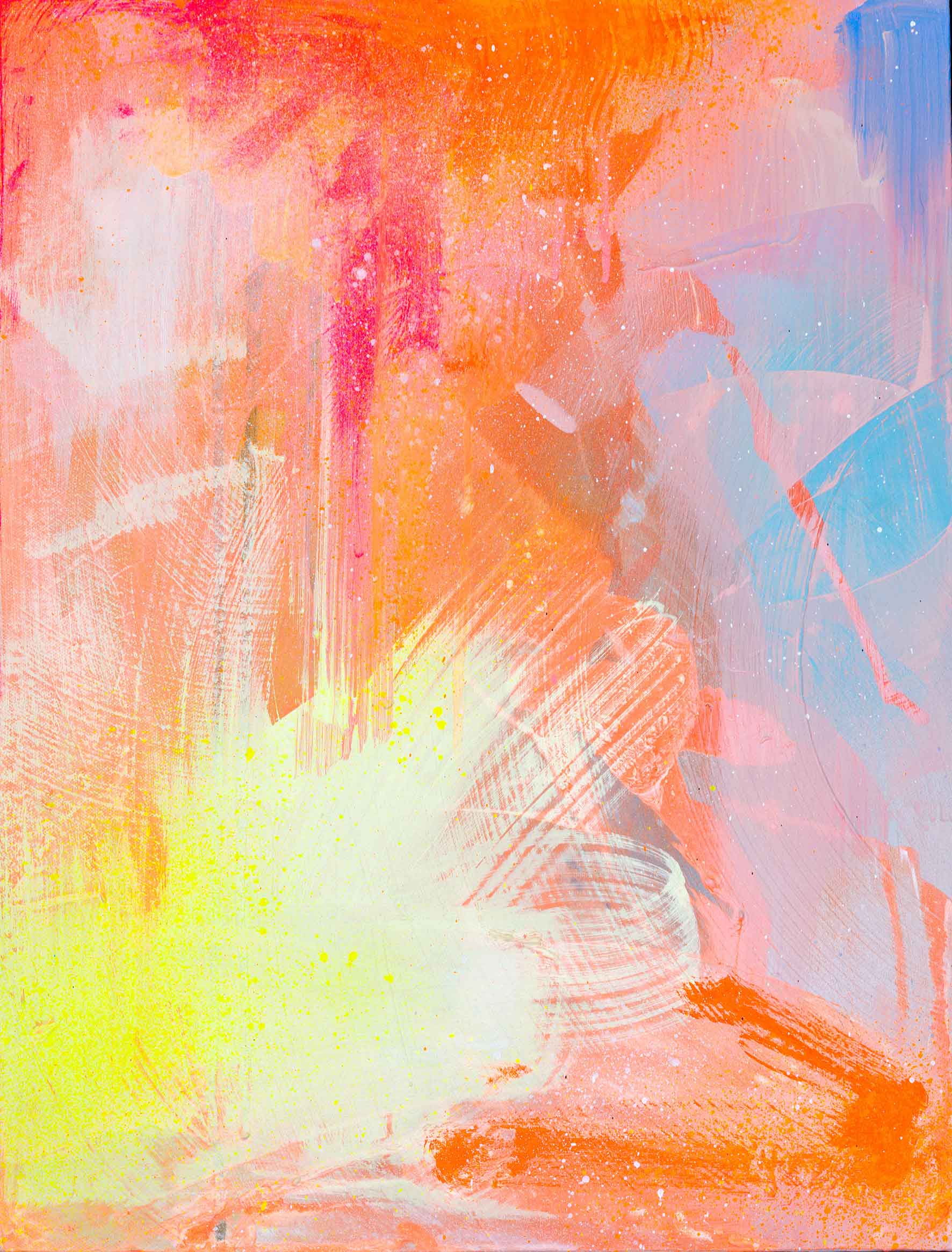 The Dream Big - Original Painting by Kate Mayer showcases vibrant swirls of orange, pink, and yellow seamlessly blending into soft blues. Crafted with acrylic and spray paint techniques, this dynamic artwork is bursting with color and energy.