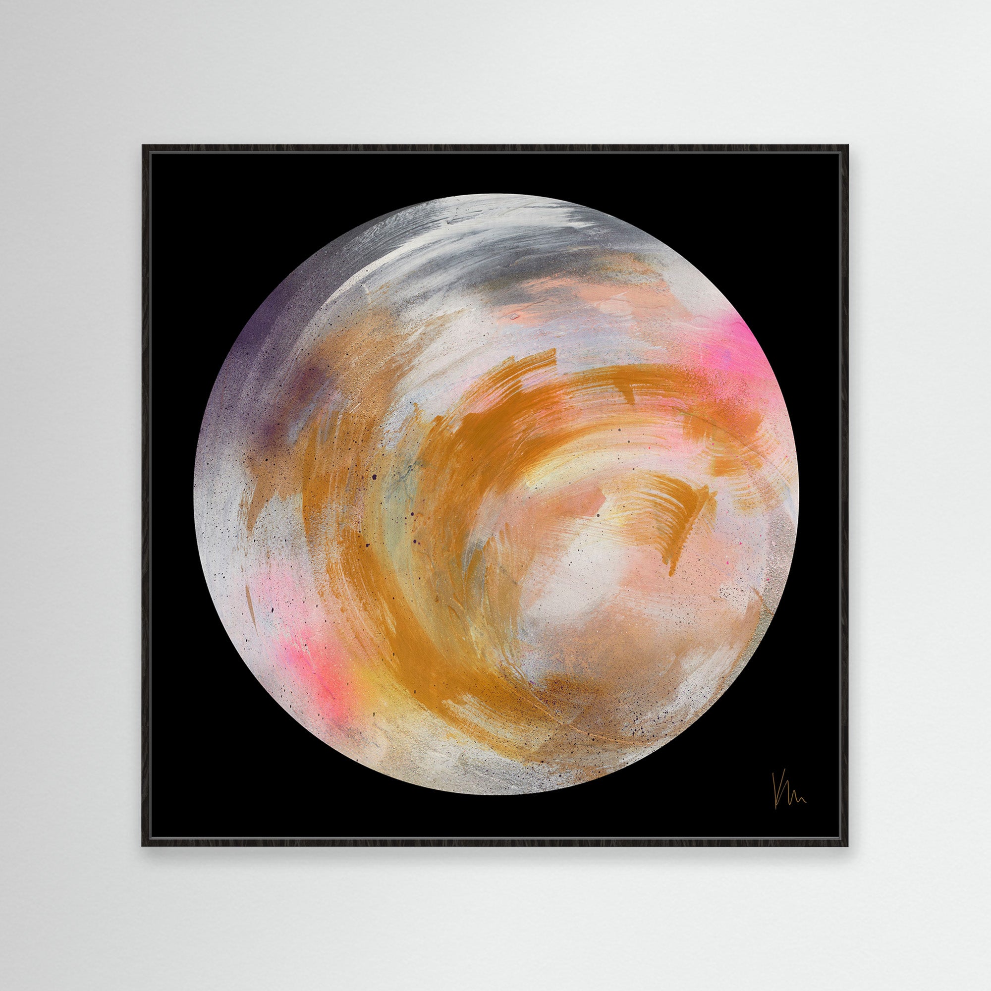 An abstract painting titled "Dream Believer" by Kate Mayer features a swirling planet in pastel and earth tones against a black background, capturing the essence of imagination. It's elegantly showcased in a framed square, inviting viewers to explore its depths.