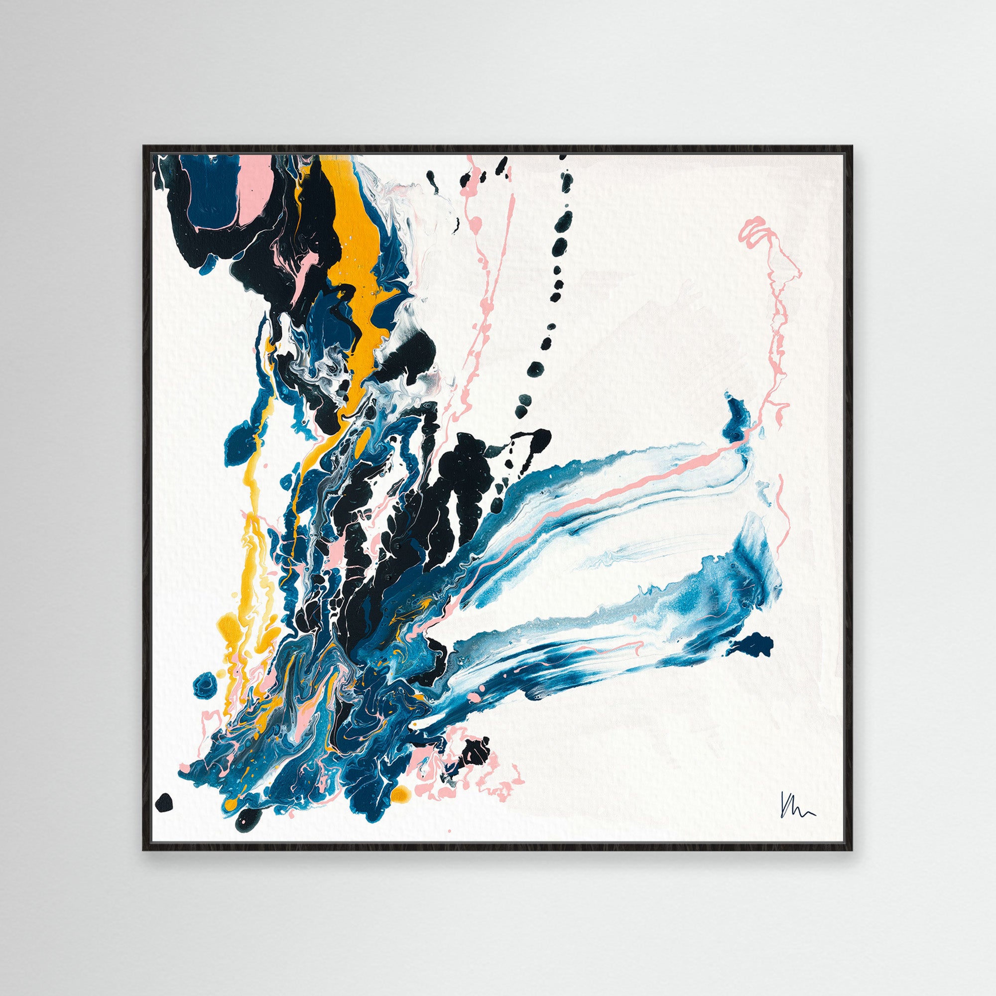 Kate Mayer's "Emerging" is an abstract painting that symbolizes personal growth, featuring bold brushstrokes in blue, yellow, and pink on a white canvas, elegantly framed in black.