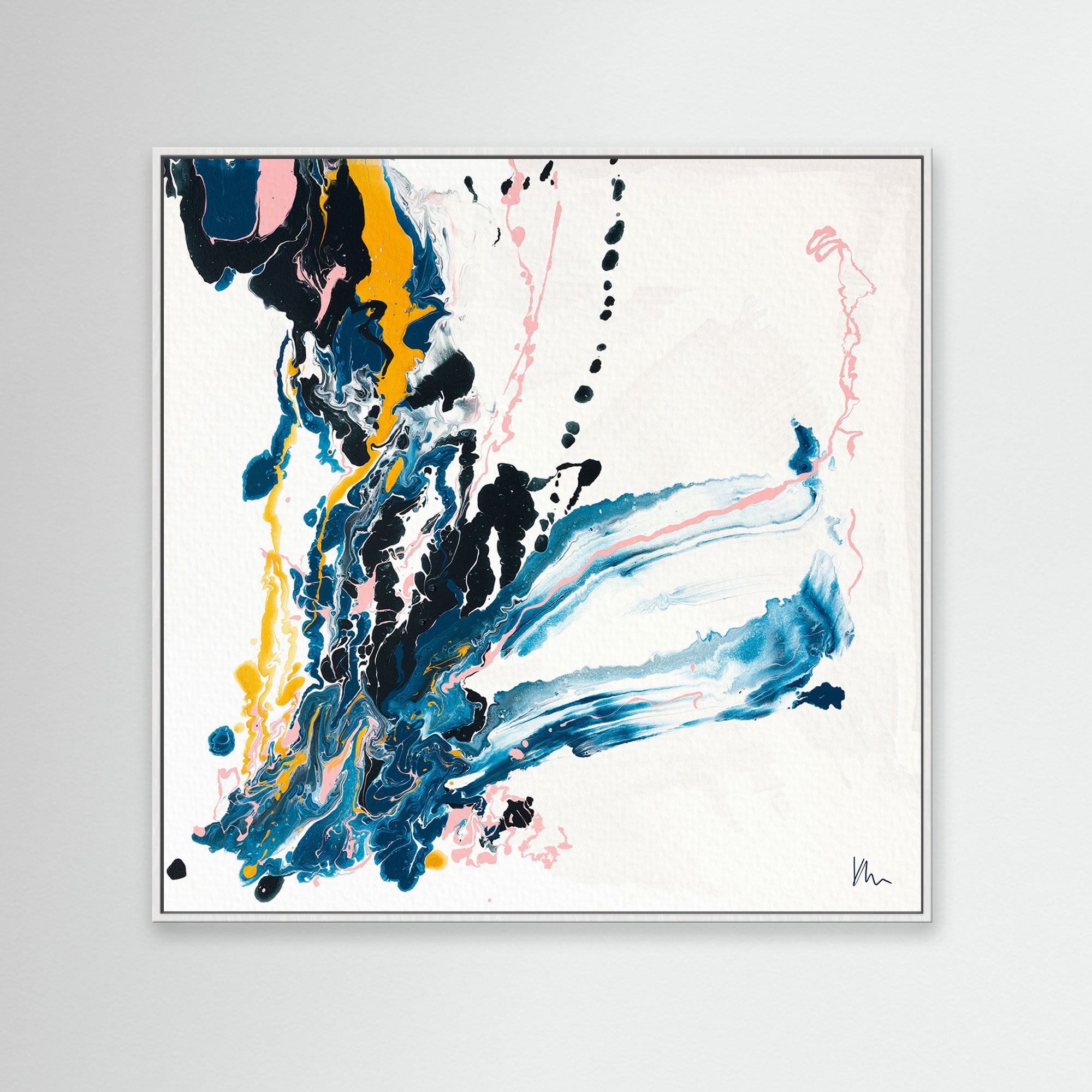 The painting titled "Emerging" by Kate Mayer features flowing brushstrokes of blue, yellow, black, and pink on a white canvas, symbolizing new beginnings and personal growth. It is beautifully presented in an elegant, simple frame.