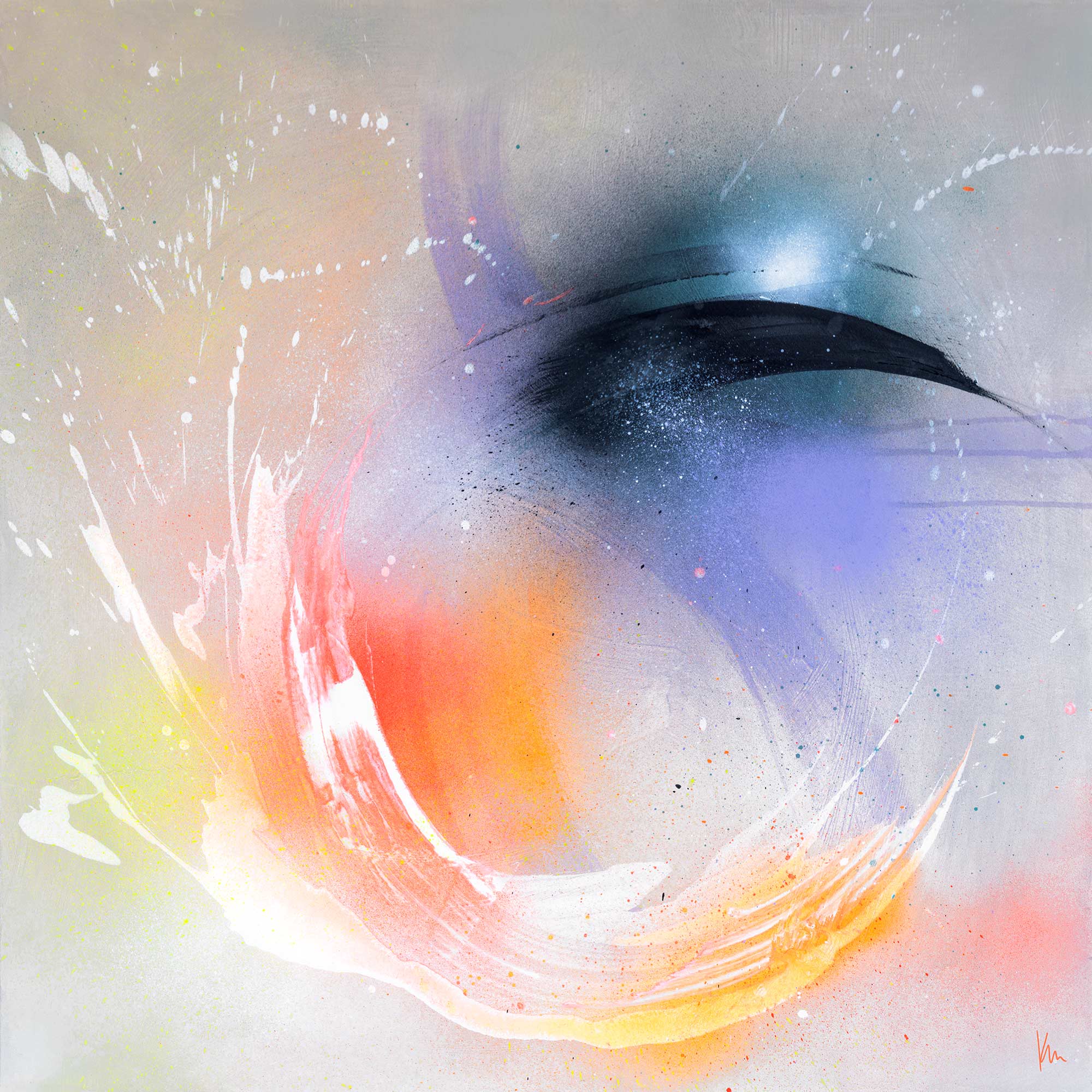 Eternal Vitality is an original painting by Kate Mayer, featuring swirling colors of orange, blue, and white on a light gray background. Crafted using acrylic and spray paint, it creates a dynamic sense of motion.