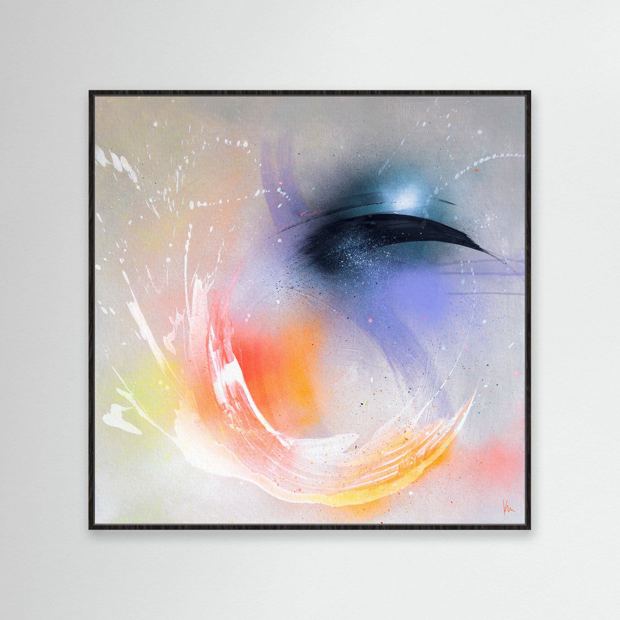 The "Eternal Vitality" by Kate Mayer is an abstract painting with a swirling blend of colors, reminiscent of an Icelandic geyser's energy surge, featuring blue, orange, and white on a light gray background, all encased in a sleek black frame.