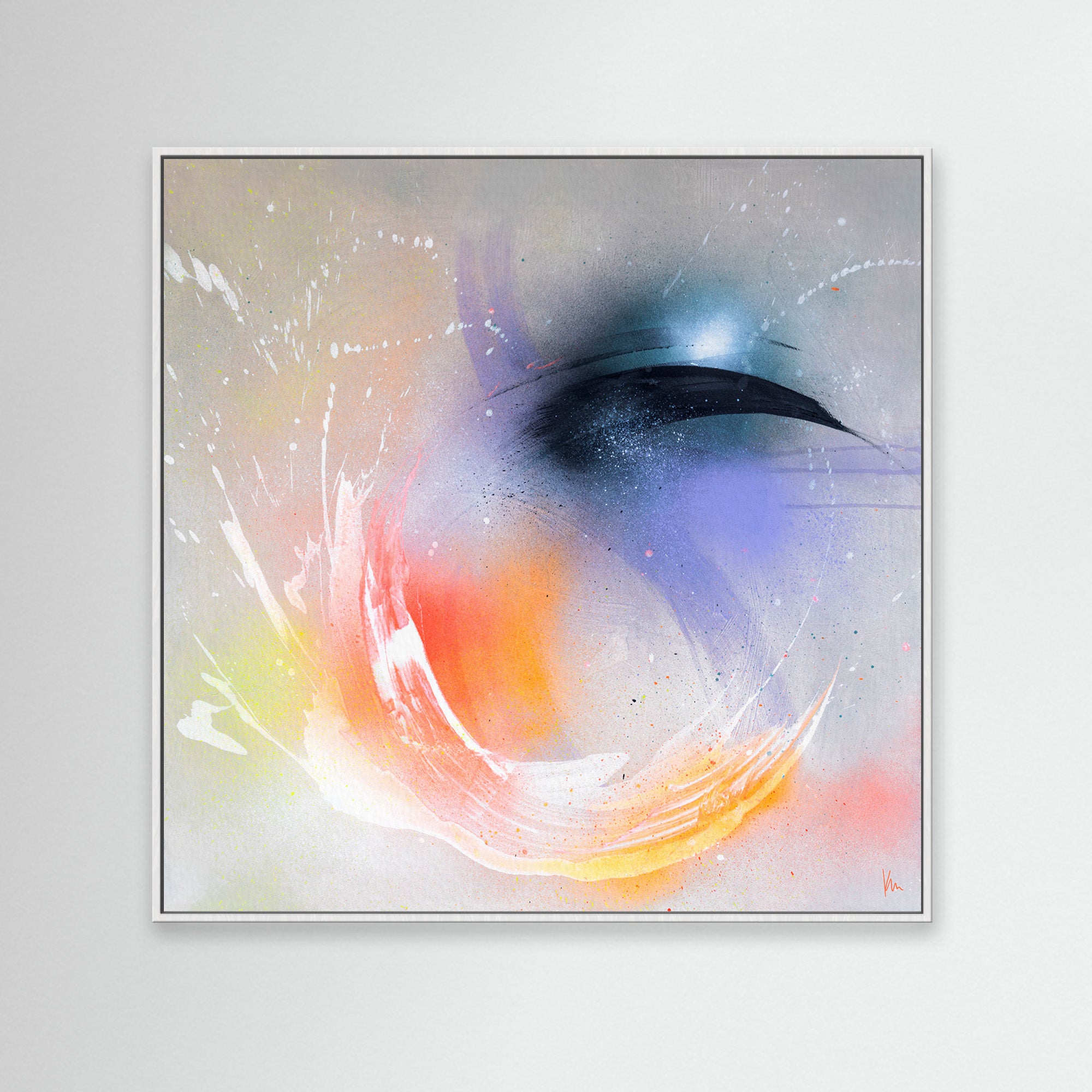 The "Eternal Vitality" by Kate Mayer is an abstract painting featuring swirling hues of purple, orange, and white set against a soft gray backdrop. This piece evokes the enchanting ambiance of Iceland's serene landscapes and is elegantly framed in white.