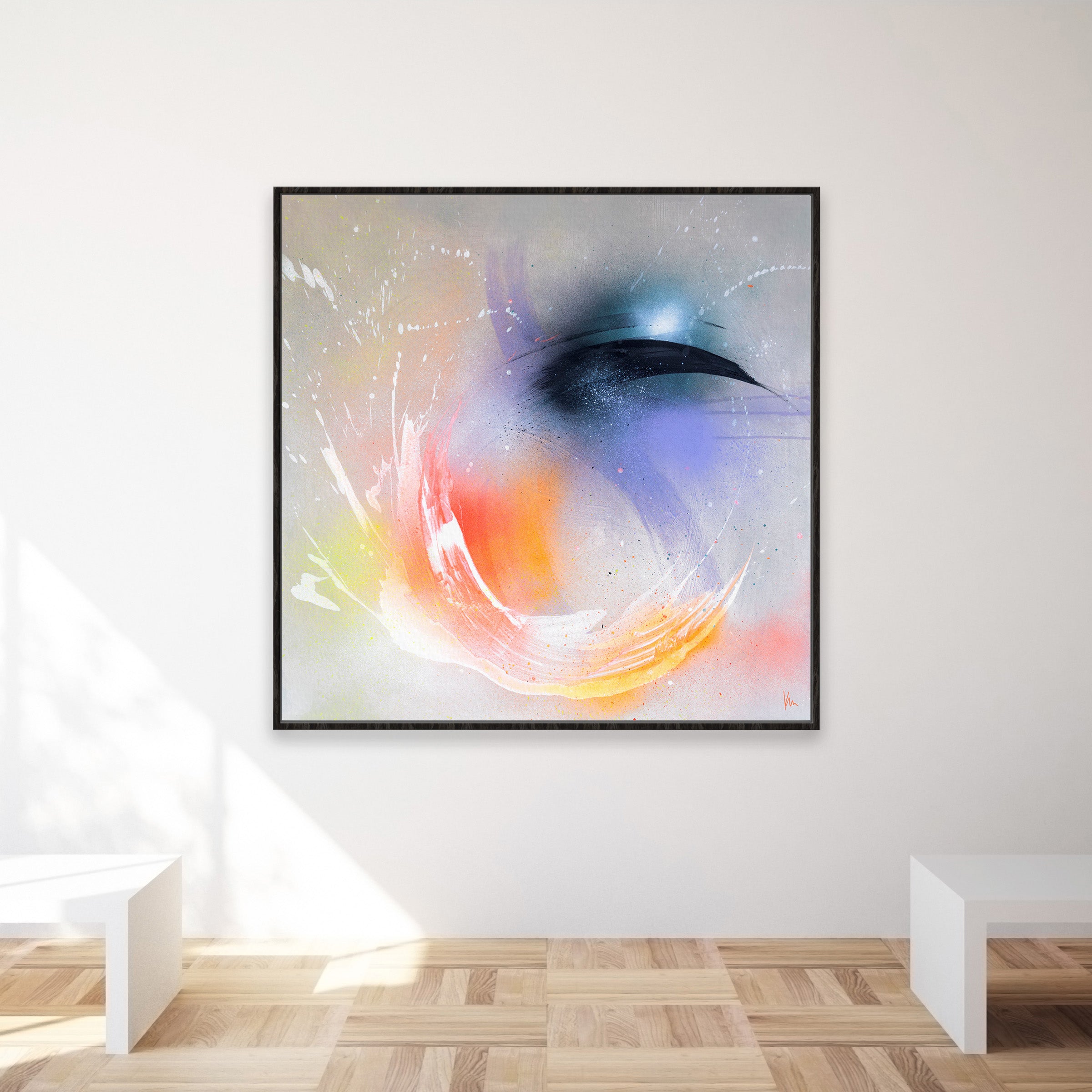 The artwork titled "Eternal Vitality" by Kate Mayer, featuring abstract swirls of pastel colors with dark shapes reminiscent of an Icelandic geyser's eruption, is displayed on a white wall above a wooden floor with benches.