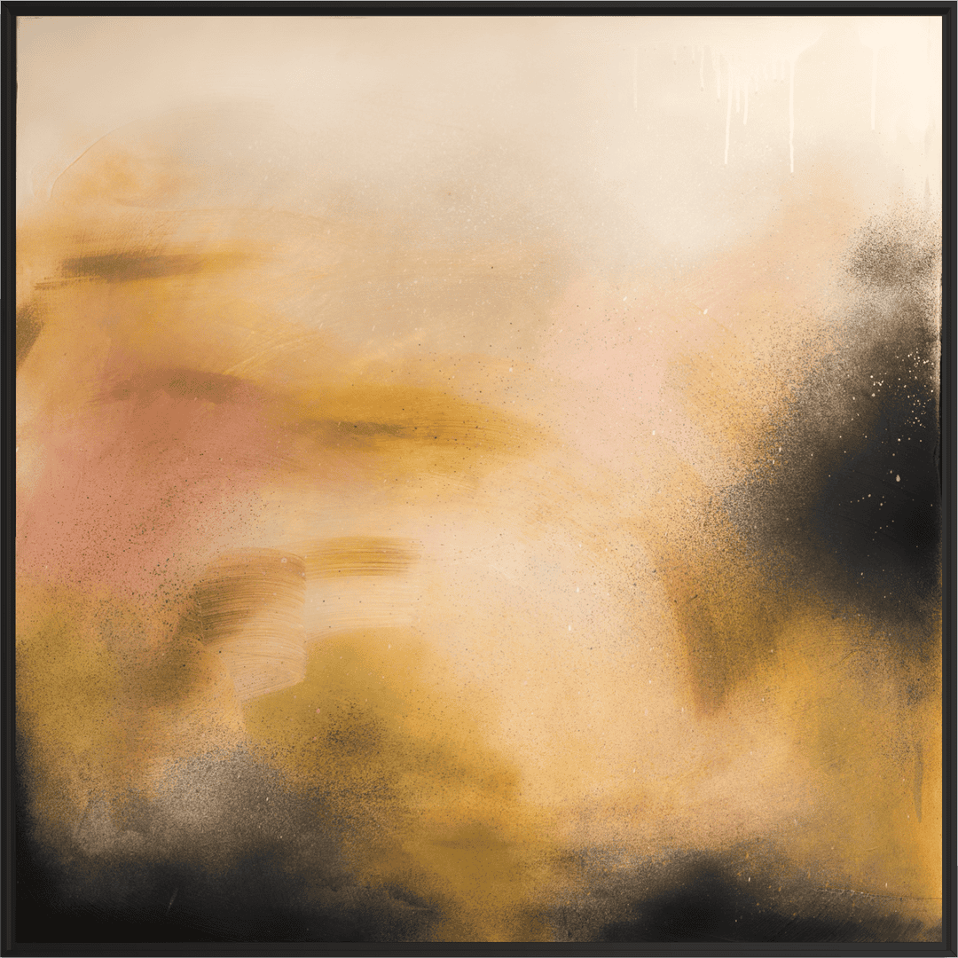Everything In Its Right Place" by Kate Mayer: abstract beige, gold, pink & black acrylic painting in black frame.