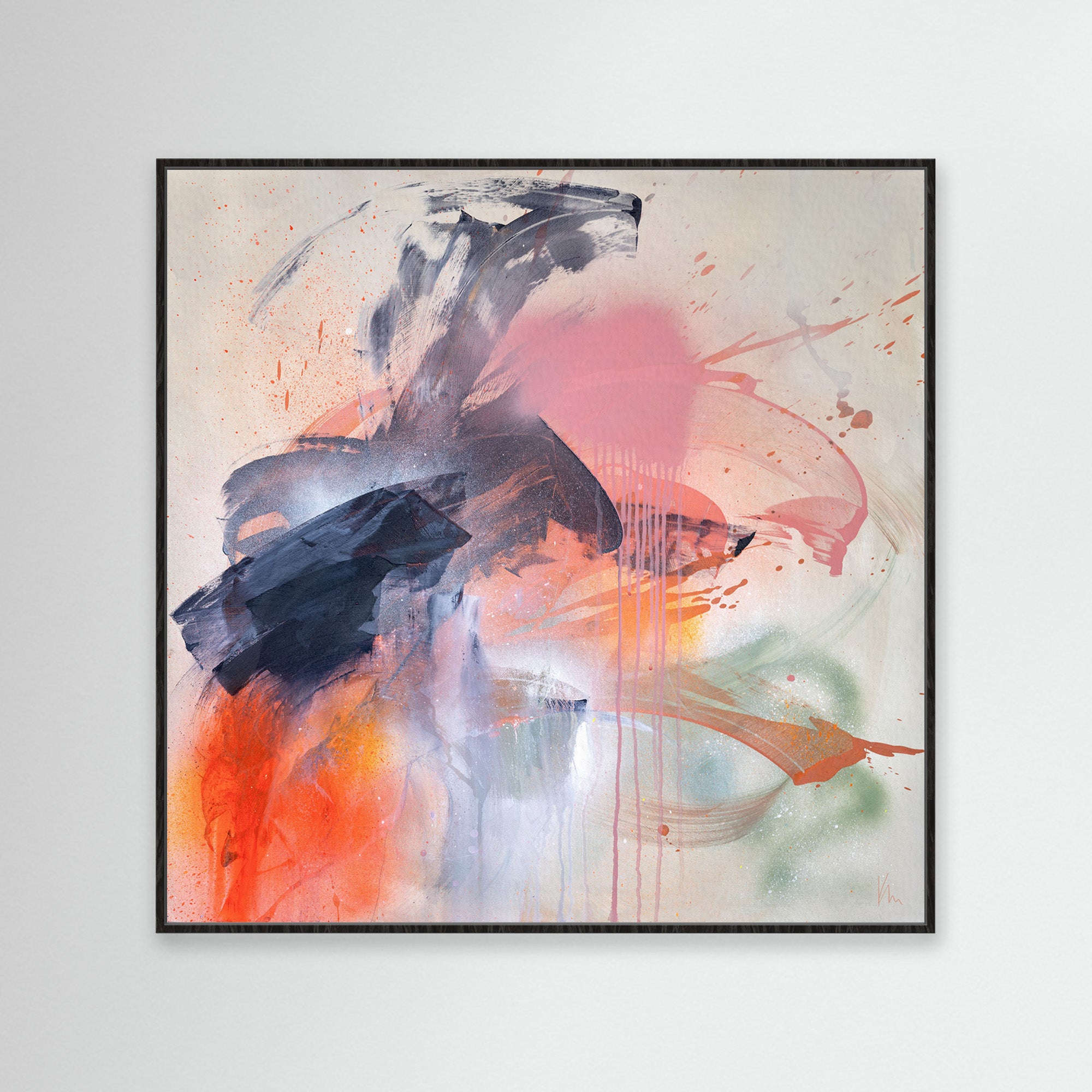 The "Fire And Ice" abstract painting by Kate Mayer features bold brushstrokes in pink, orange, black, and green set against a light background, all elegantly framed in black. It exudes a sense of inner strength.