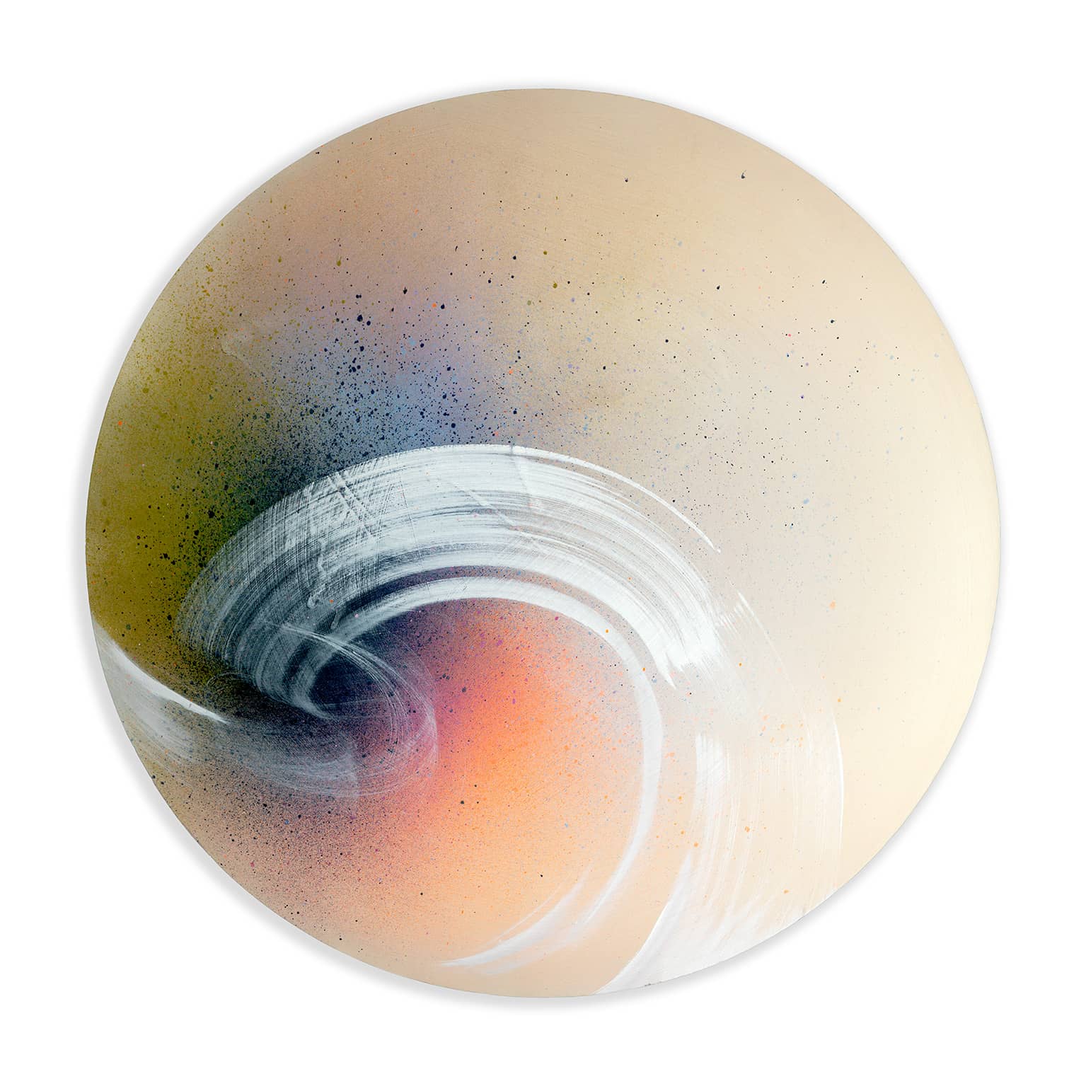 Kate Mayer's "From Here To Infinity" is an abstract painting with peach, blue, and white swirls in acrylic and spray paint.