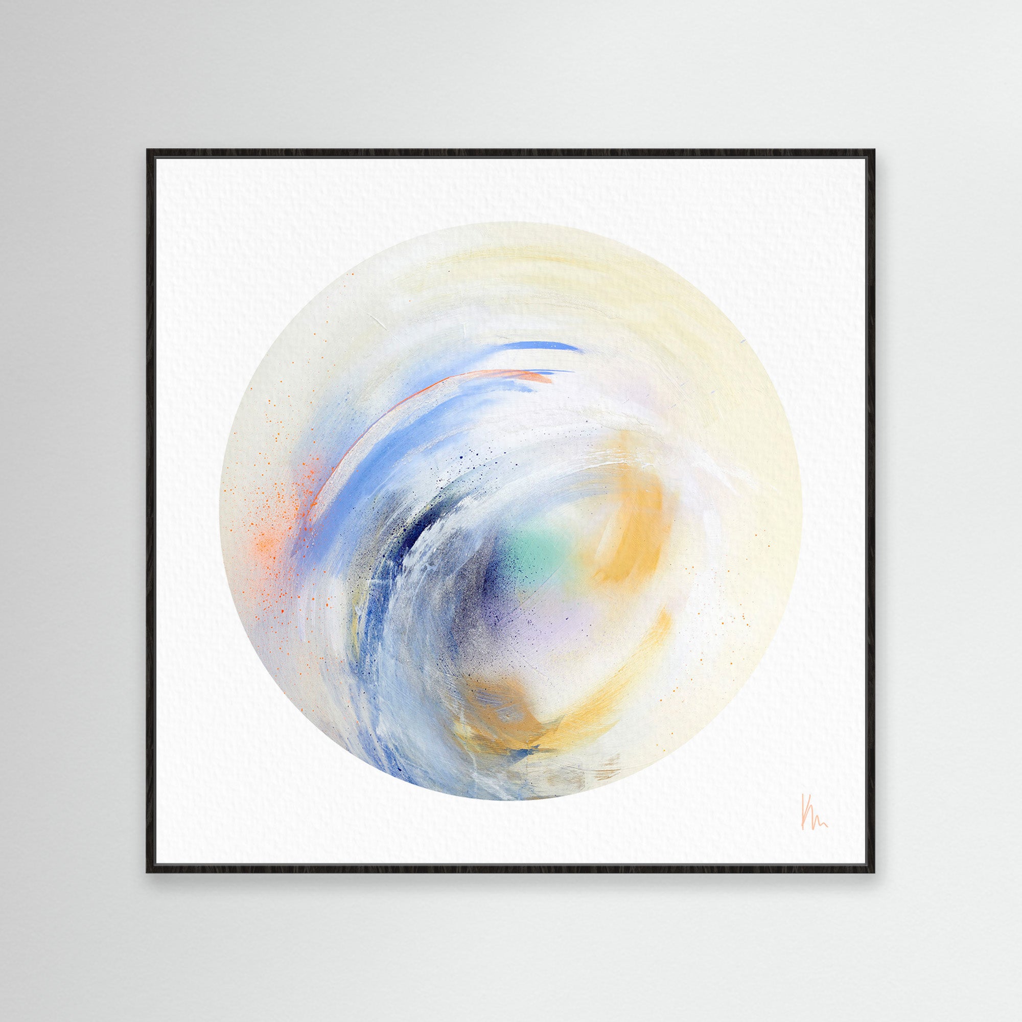 The Free Spirit by Kate Mayer elegantly captures the essence of coastal beauty with swirling pastel colors in a circular pattern, beautifully framed and displayed on a light wall.