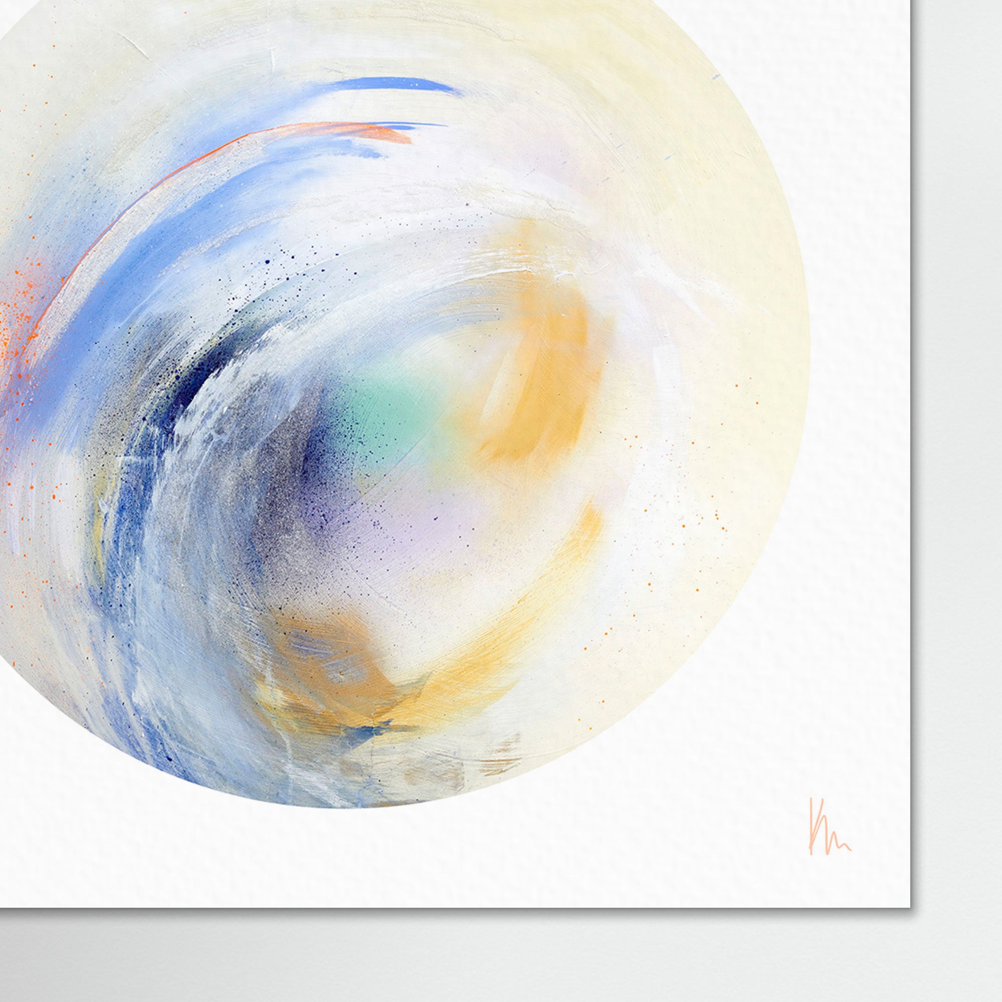 The Free Spirit artwork by Kate Mayer features a swirling sphere with brushstrokes of blue, orange, and white set against a textured canvas. This piece captures coastal beauty, blending vibrant colors to evoke the serene motion of ocean waves.