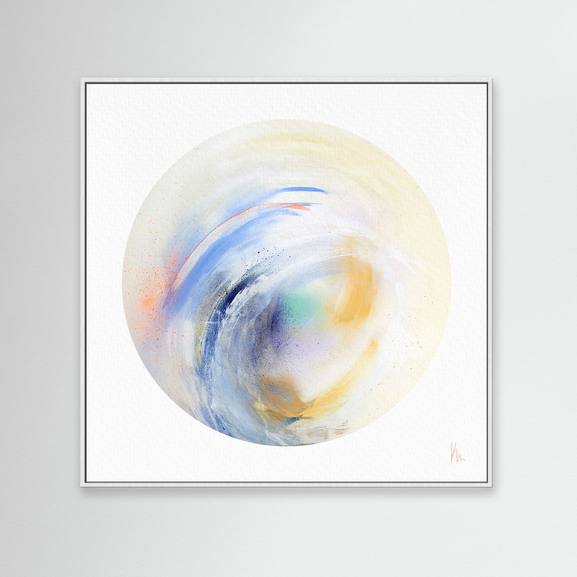 This abstract artwork, "Free Spirit" by Kate Mayer, showcases a circular swirl of soft pastel hues, including blue, yellow, and touches of orange set against a white background. The piece beautifully encapsulates the tranquil and airy qualities of coastal beauty.