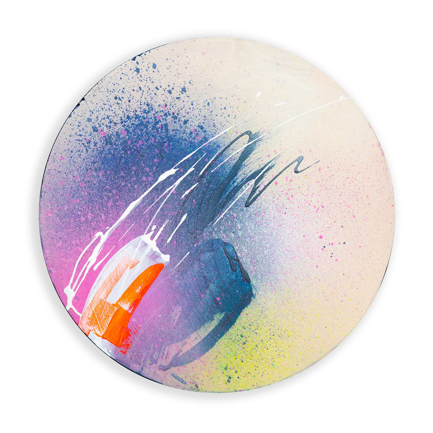 Right Here, Right Now" by Kate Mayer: a round abstract painting with purple, blue, pink, orange, and white on a light background.