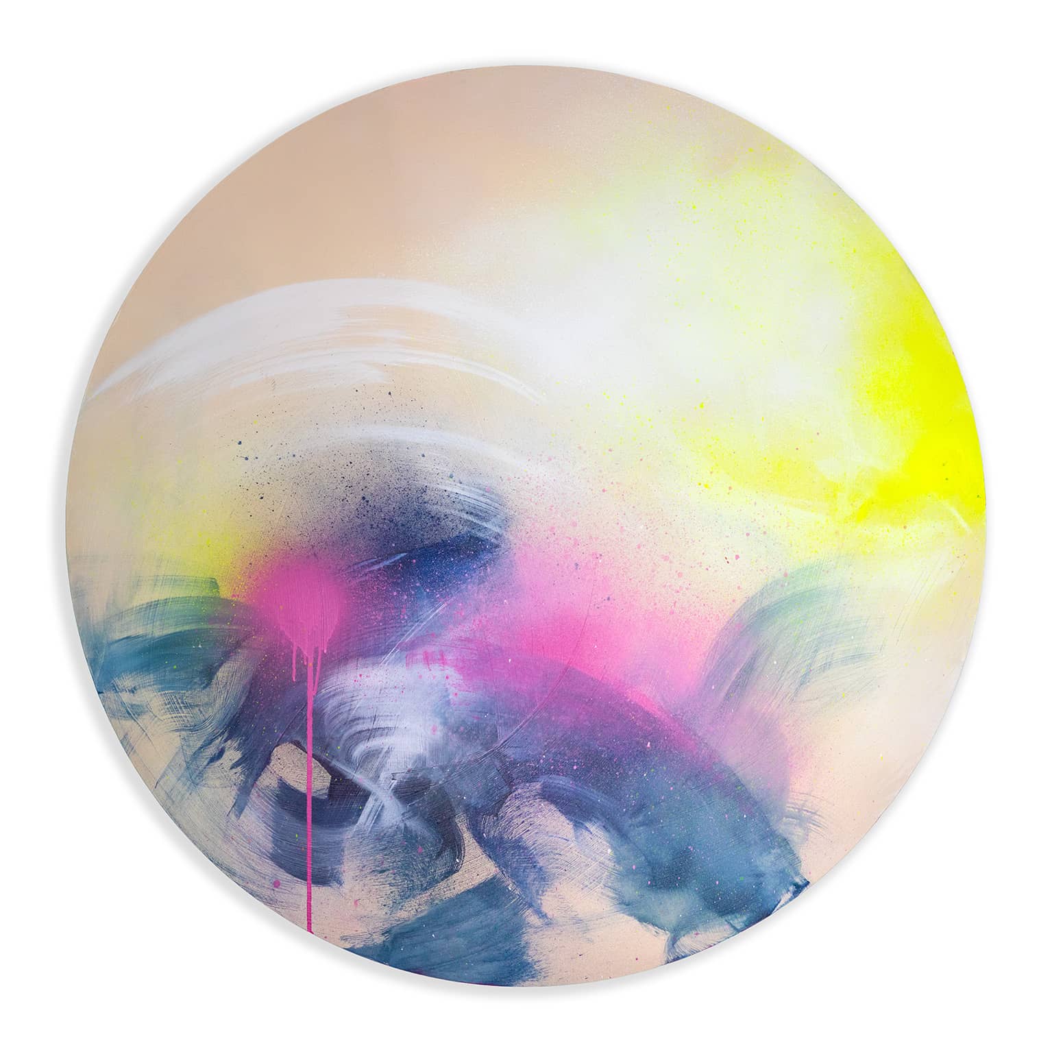 Rolling In The Deep" by Kate Mayer: A round abstract piece with acrylic blues, pinks, and yellows on beige.