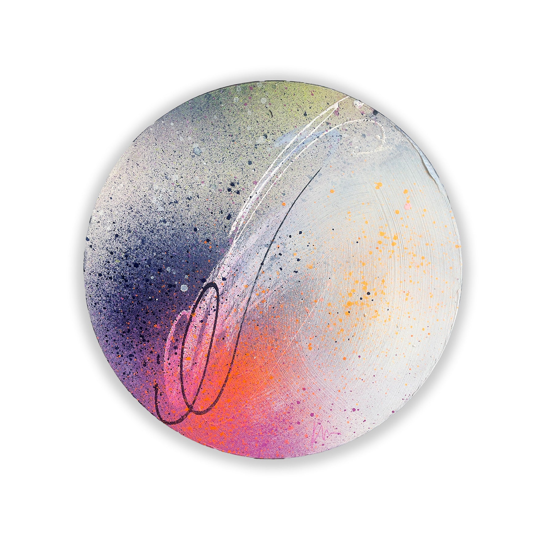 Kate Mayer's "We Only Ever Have Now" is an abstract painting with circular designs and acrylic and spray paint effects.
