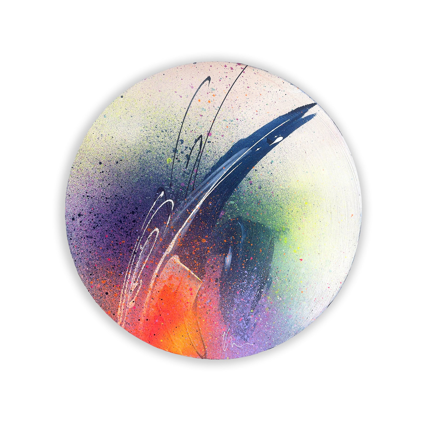 You've Got The Power" by Kate Mayer is a circular abstract piece with bold, sweeping dark strokes and multicolored splashes.